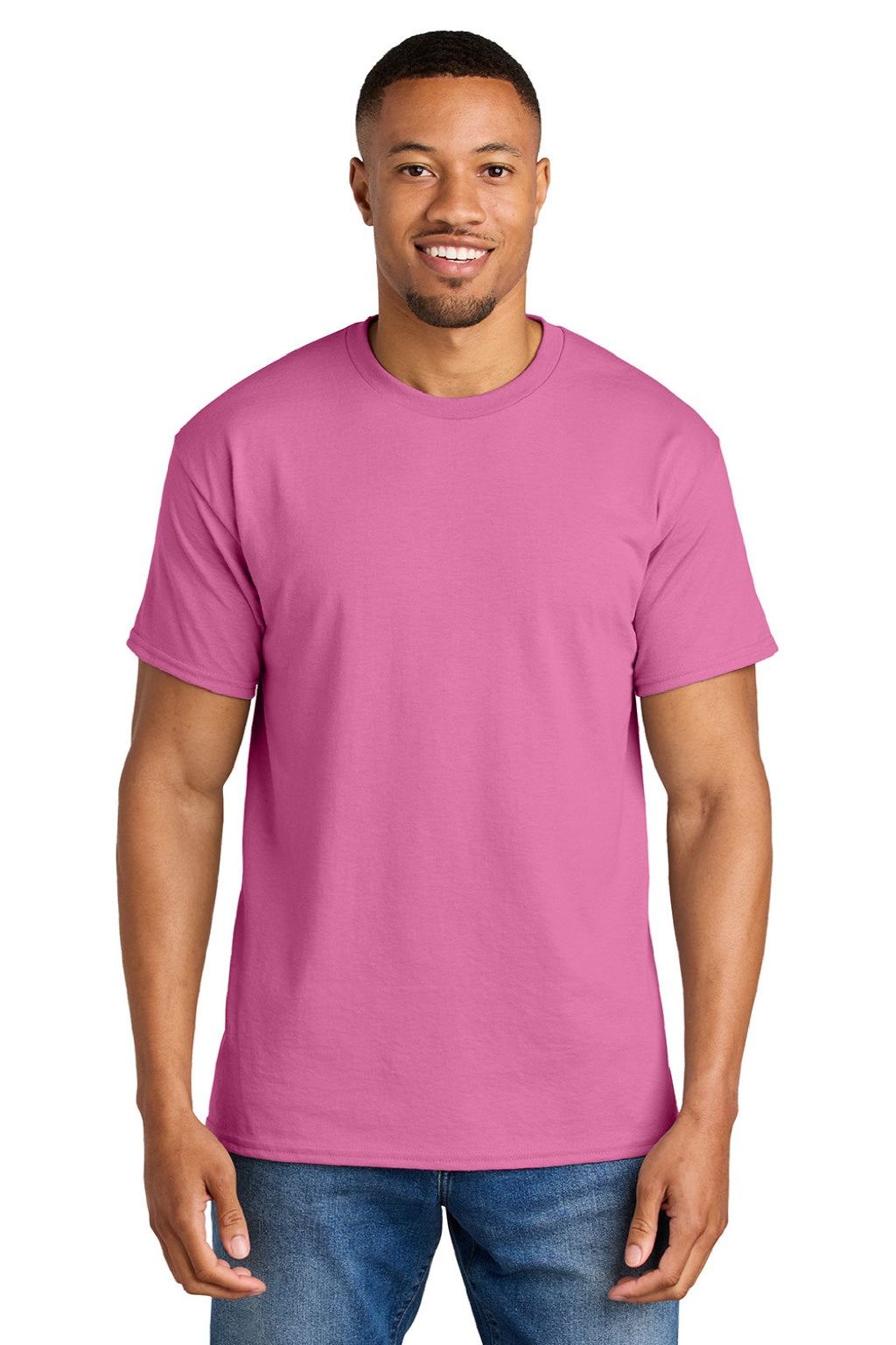 Gildan 8000 Mens DryBlend Moisture Wicking Short Sleeve Crewneck T-Shirt Azalea Pink Model Front