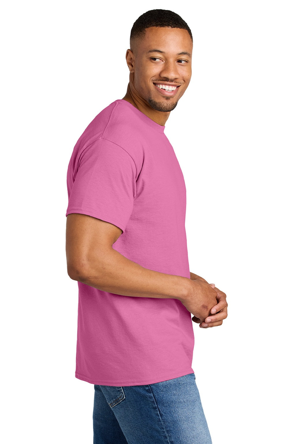 Gildan 8000 Mens DryBlend Moisture Wicking Short Sleeve Crewneck T-Shirt Azalea Pink Model Side