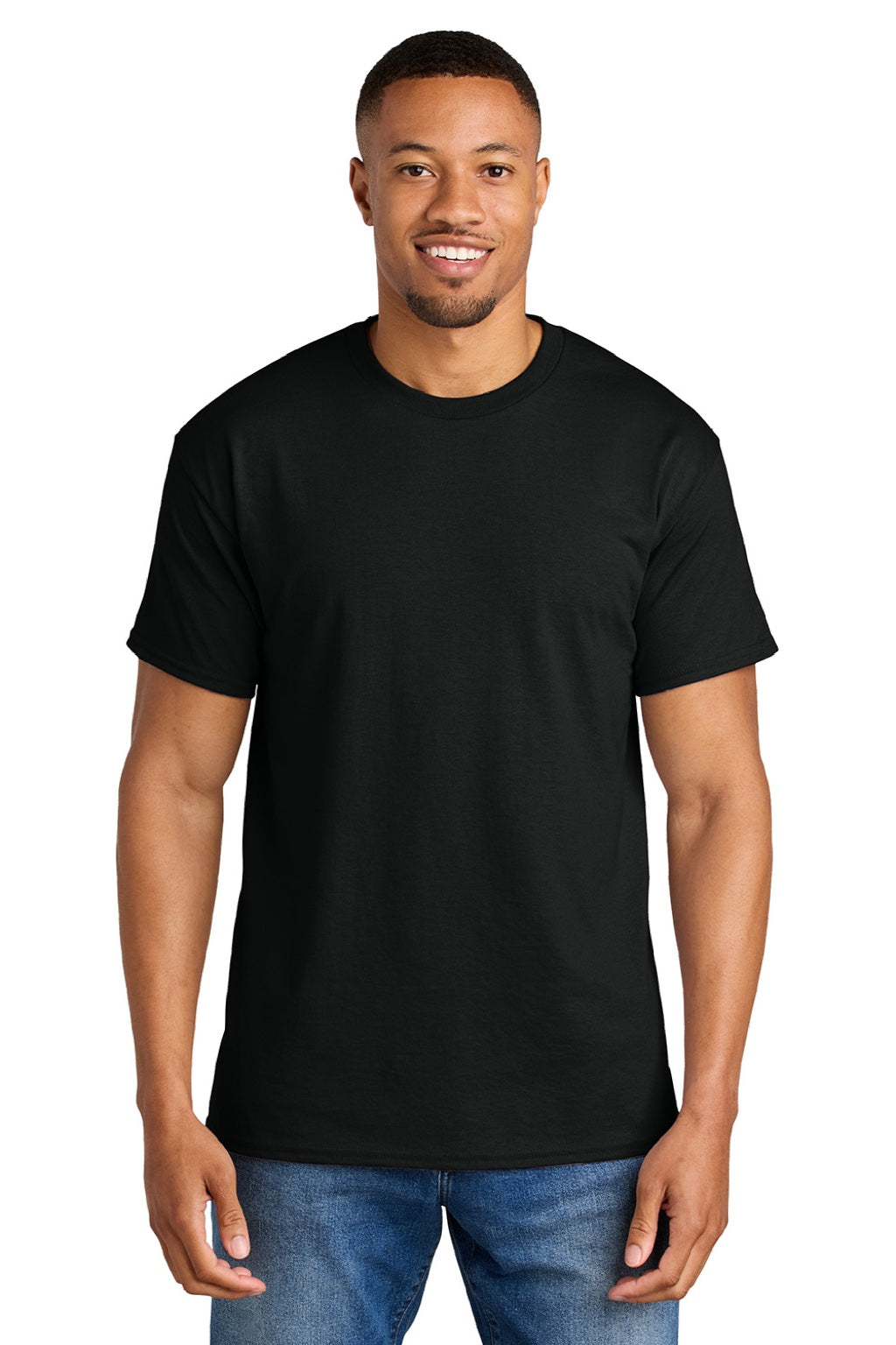 Gildan 8000 Mens DryBlend Moisture Wicking Short Sleeve Crewneck T-Shirt Black Model Front