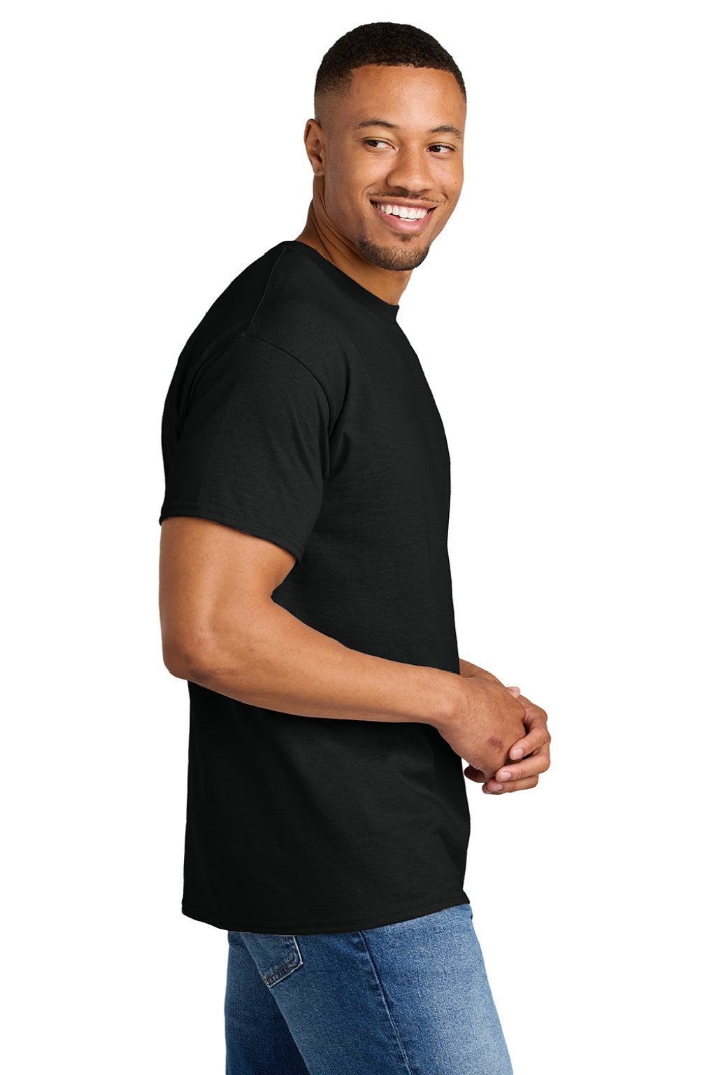Gildan 8000 Mens DryBlend Moisture Wicking Short Sleeve Crewneck T-Shirt Black Model Side