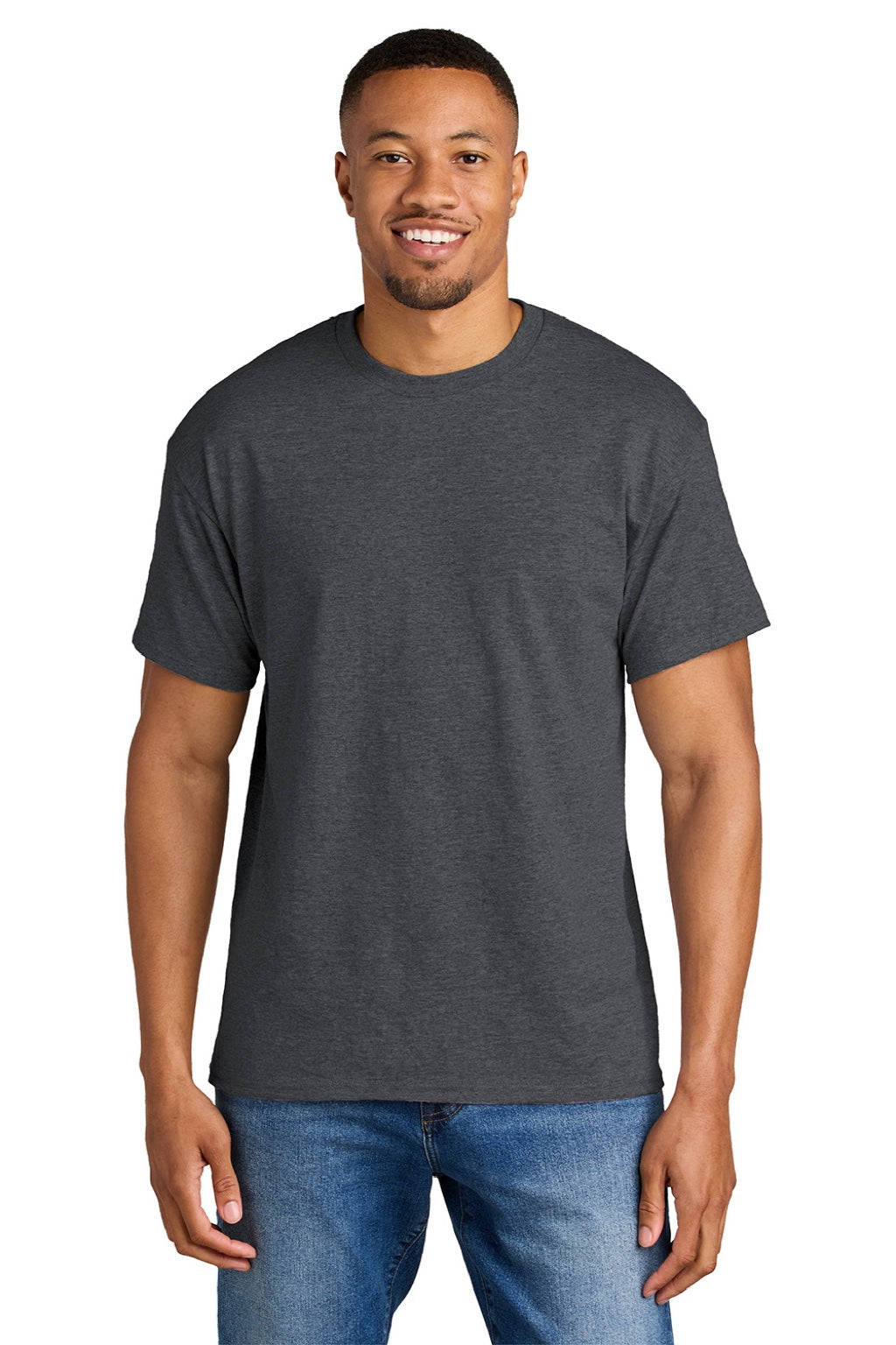 Gildan 8000 Mens DryBlend Moisture Wicking Short Sleeve Crewneck T-Shirt Heather Dark Grey Model Front