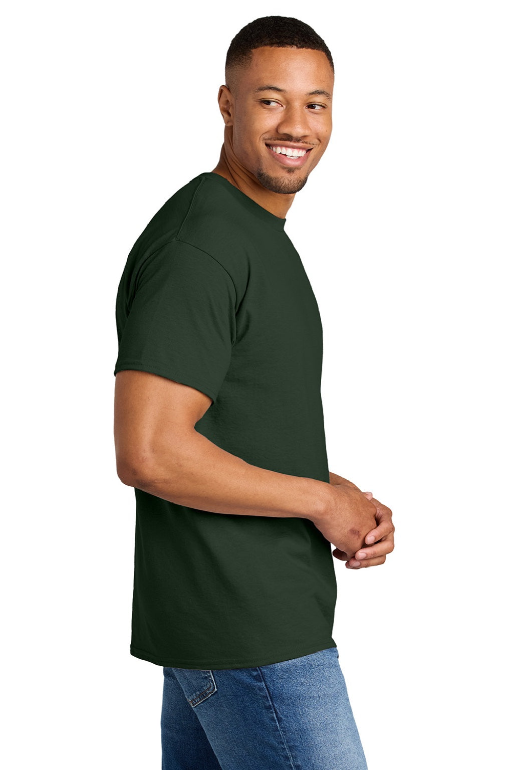 Gildan 8000 Mens DryBlend Moisture Wicking Short Sleeve Crewneck T-Shirt Forest Green Model Side