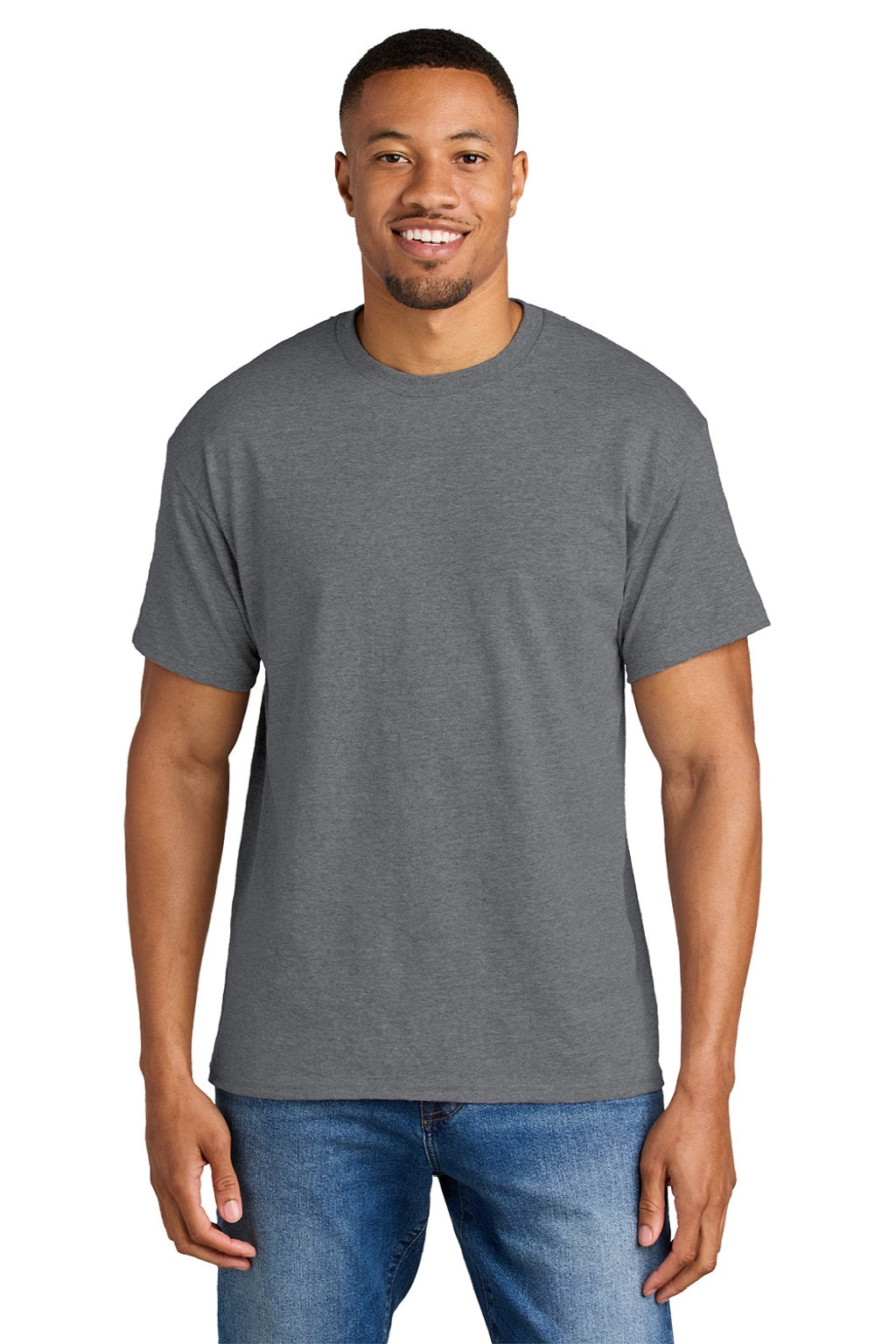 Gildan 8000 Mens DryBlend Moisture Wicking Short Sleeve Crewneck T-Shirt Heather Graphite Grey Model Front