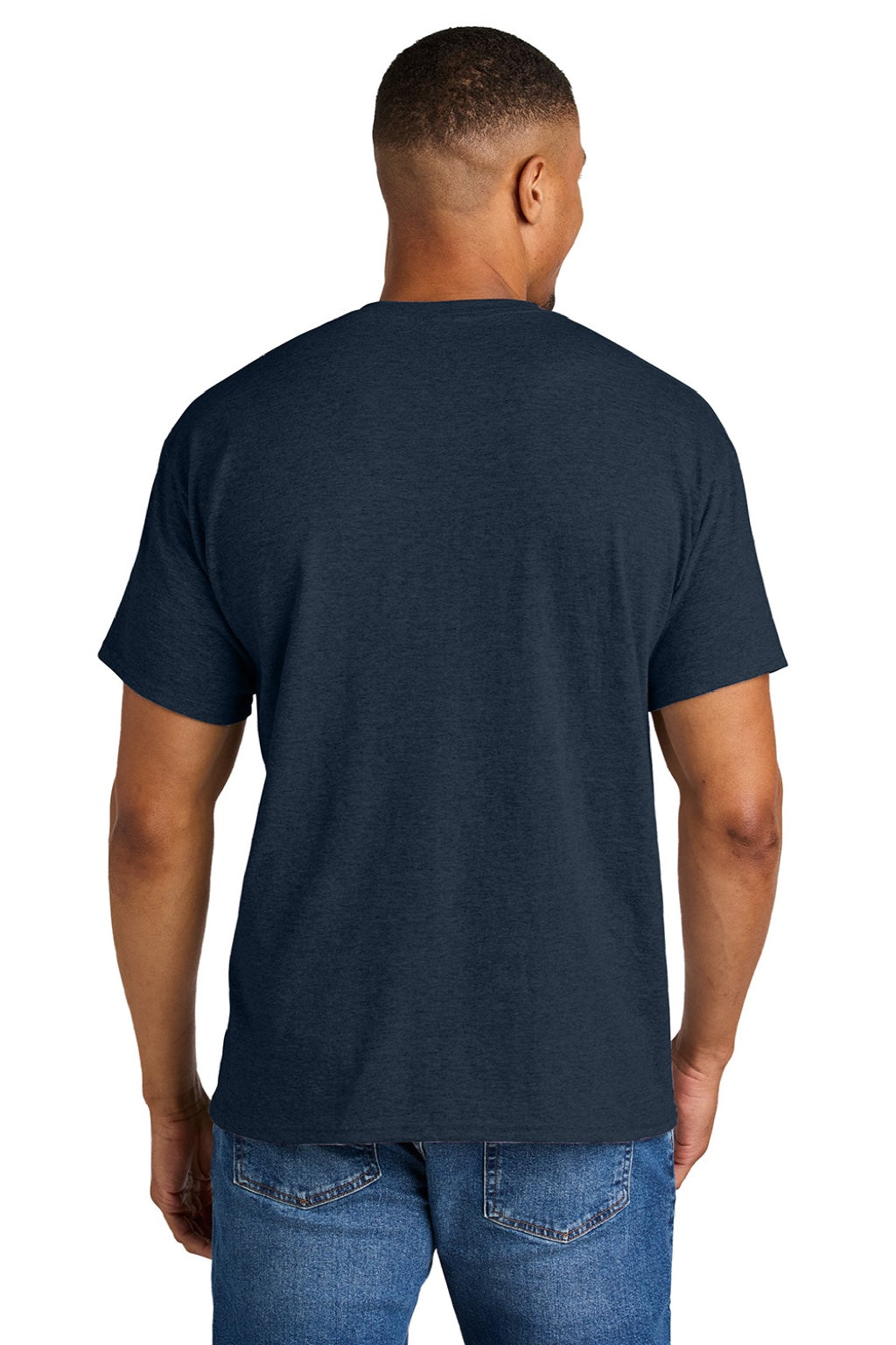 Gildan 8000 Mens DryBlend Moisture Wicking Short Sleeve Crewneck T-Shirt Heather Dark Navy Blue Model Back