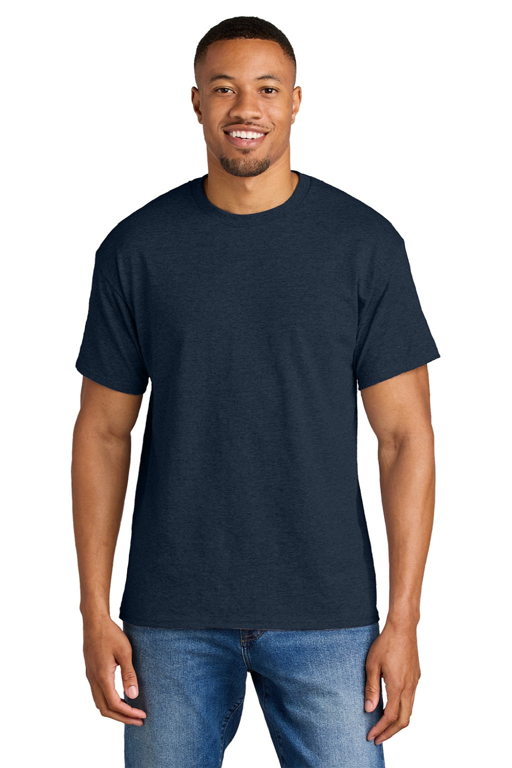 Gildan 8000 Mens DryBlend Moisture Wicking Short Sleeve Crewneck T-Shirt Heather Dark Navy Blue Model Front