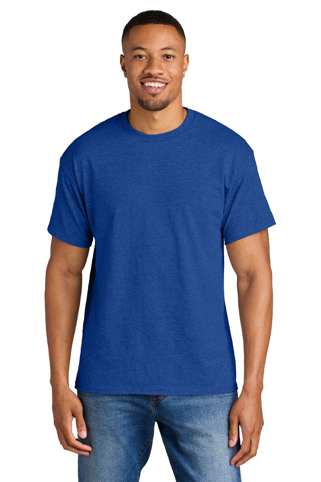 Gildan 8000 Mens DryBlend Moisture Wicking Short Sleeve Crewneck T-Shirt Heather Deep Royal Blue Model Front
