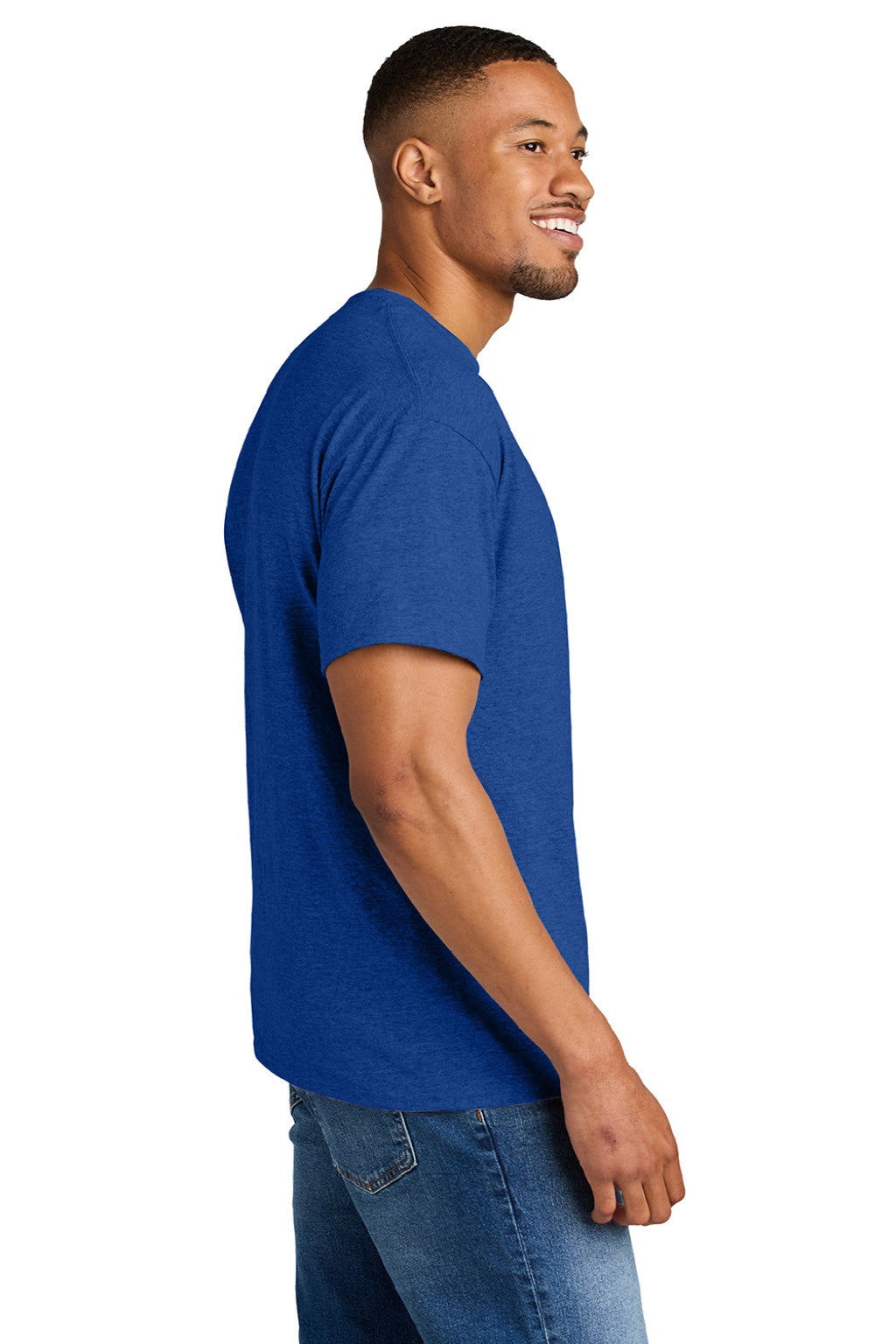 Gildan 8000 Mens DryBlend Moisture Wicking Short Sleeve Crewneck T-Shirt Heather Deep Royal Blue Model Side