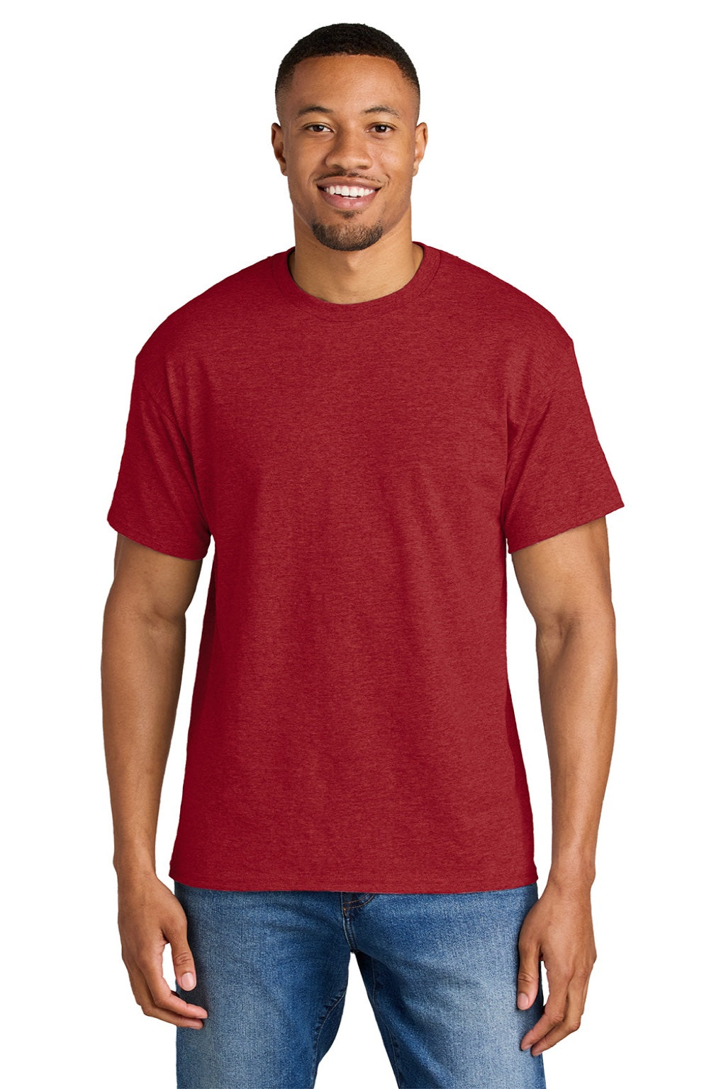 Gildan 8000 Mens DryBlend Moisture Wicking Short Sleeve Crewneck T-Shirt Heather Scarlet Red Model Front