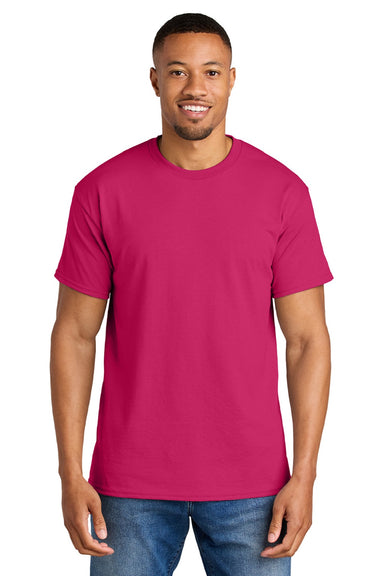 Gildan 8000 Mens DryBlend Moisture Wicking Short Sleeve Crewneck T-Shirt Heliconia Pink Model Front