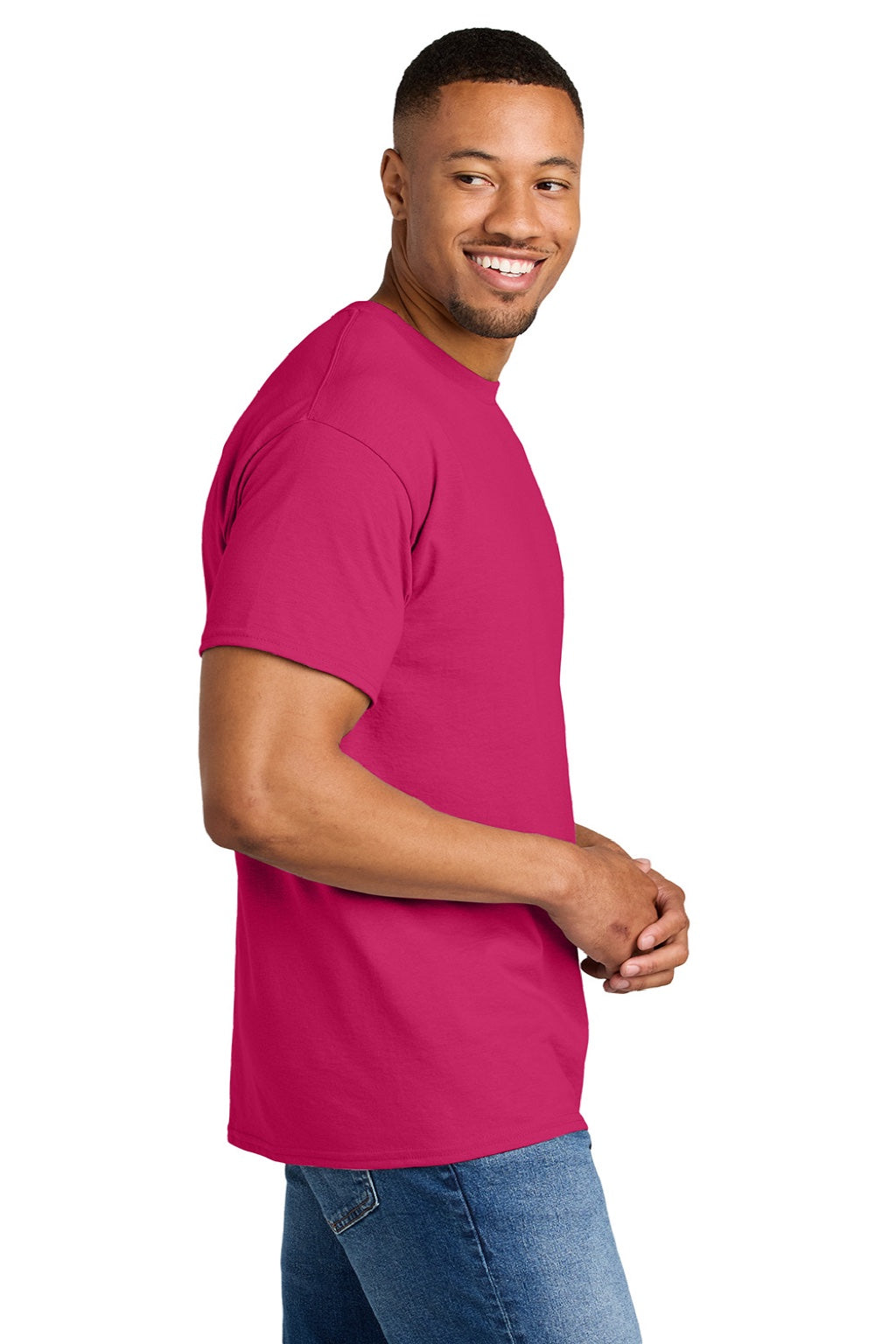 Gildan 8000 Mens DryBlend Moisture Wicking Short Sleeve Crewneck T-Shirt Heliconia Pink Model Side