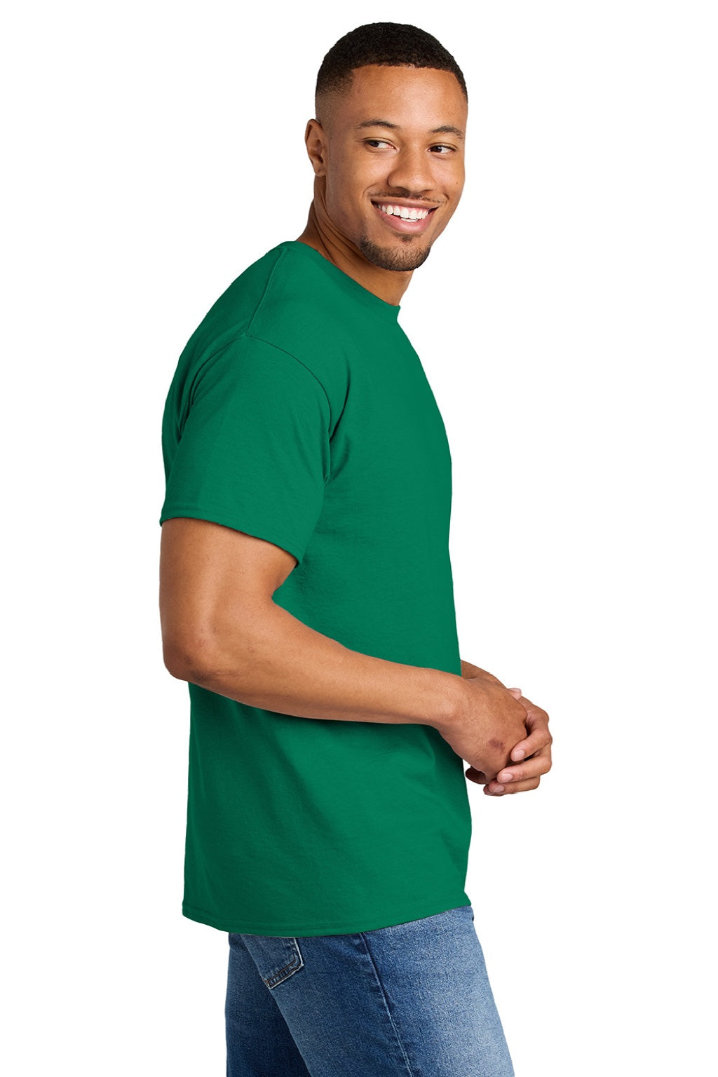 Gildan 8000 Mens DryBlend Moisture Wicking Short Sleeve Crewneck T-Shirt Kelly Green Model Side