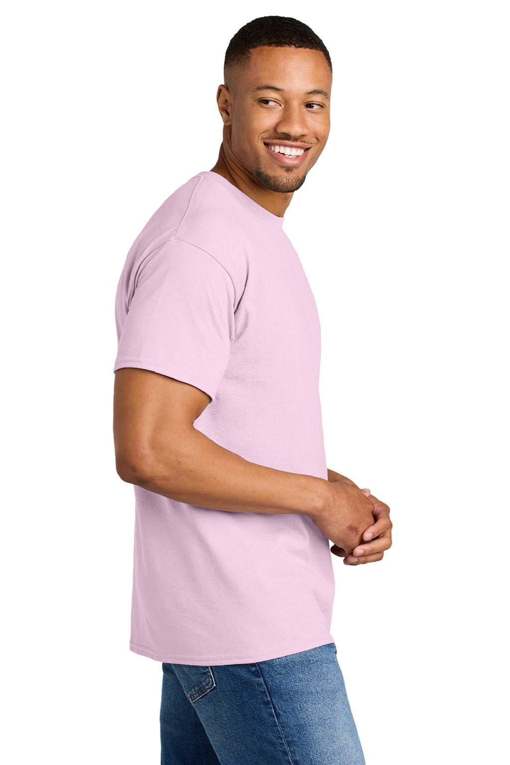 Gildan 8000 Mens DryBlend Moisture Wicking Short Sleeve Crewneck T-Shirt Light Pink Model Side