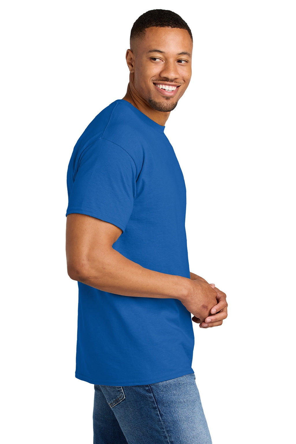 Gildan 8000 Mens DryBlend Moisture Wicking Short Sleeve Crewneck T-Shirt Royal Blue Model Side