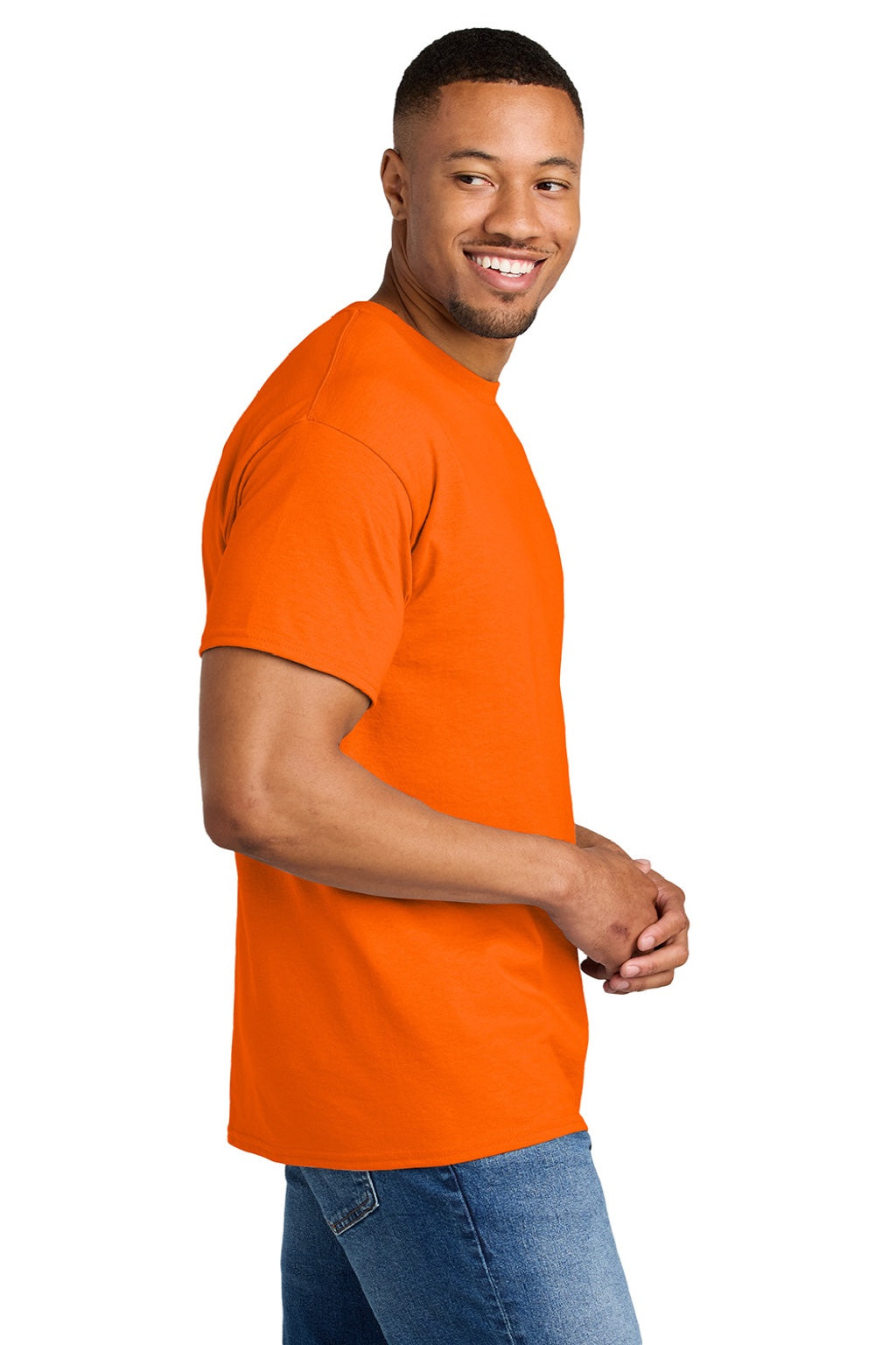 Gildan 8000 Mens DryBlend Moisture Wicking Short Sleeve Crewneck T-Shirt Safety Orange Model Side