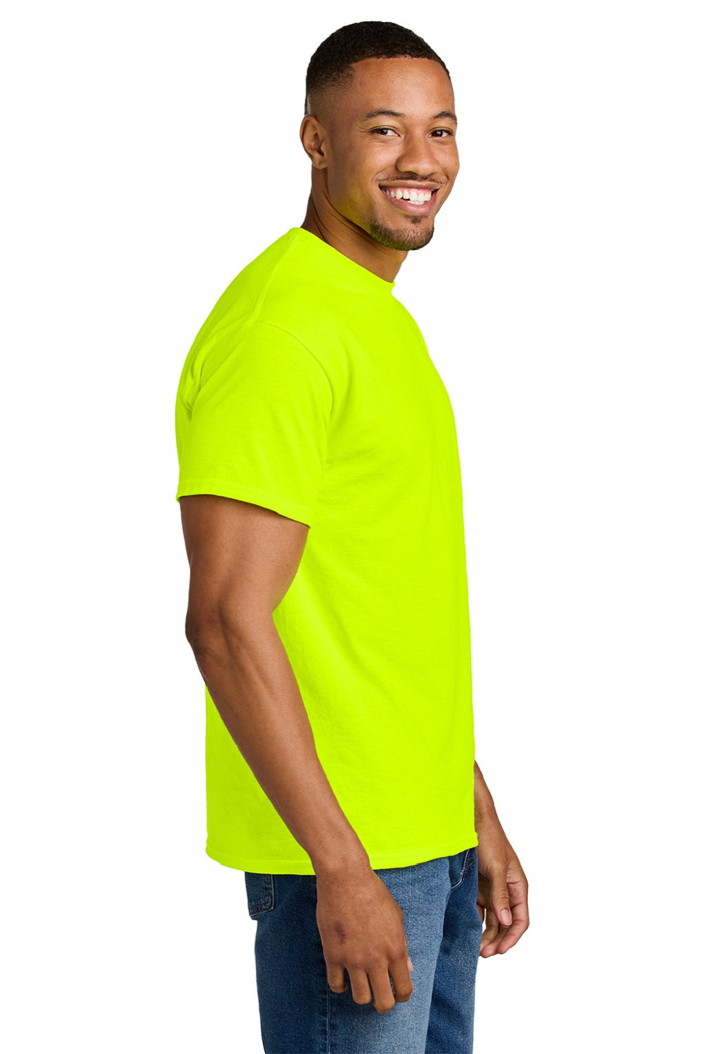 Gildan 8000 Mens DryBlend Moisture Wicking Short Sleeve Crewneck T-Shirt Safety Green Model Side