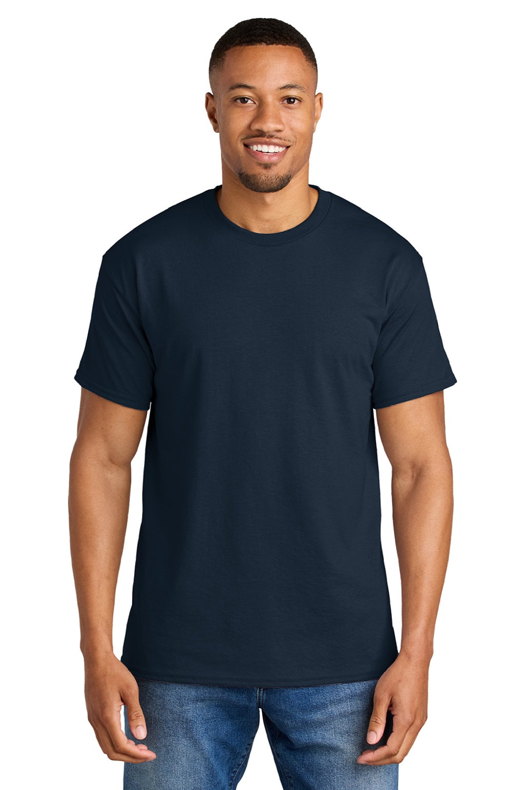 Gildan 8000 Mens DryBlend Moisture Wicking Short Sleeve Crewneck T-Shirt Sport Dark Navy Blue Model Front