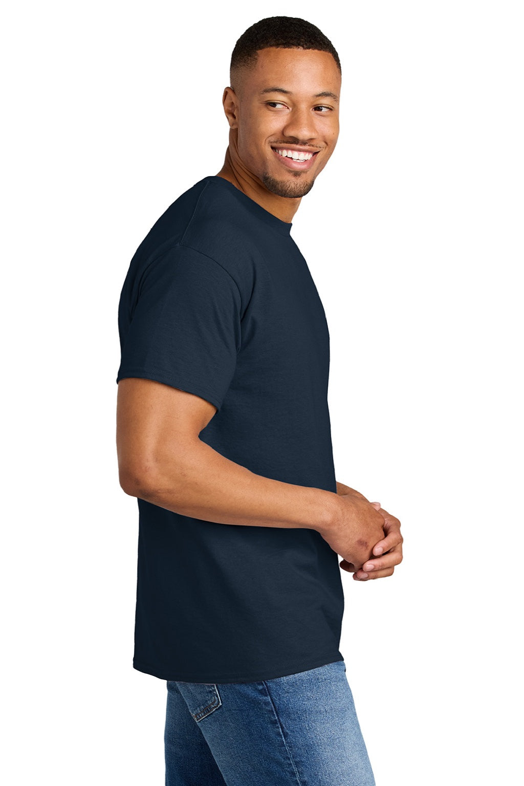 Gildan 8000 Mens DryBlend Moisture Wicking Short Sleeve Crewneck T-Shirt Sport Dark Navy Blue Model Side