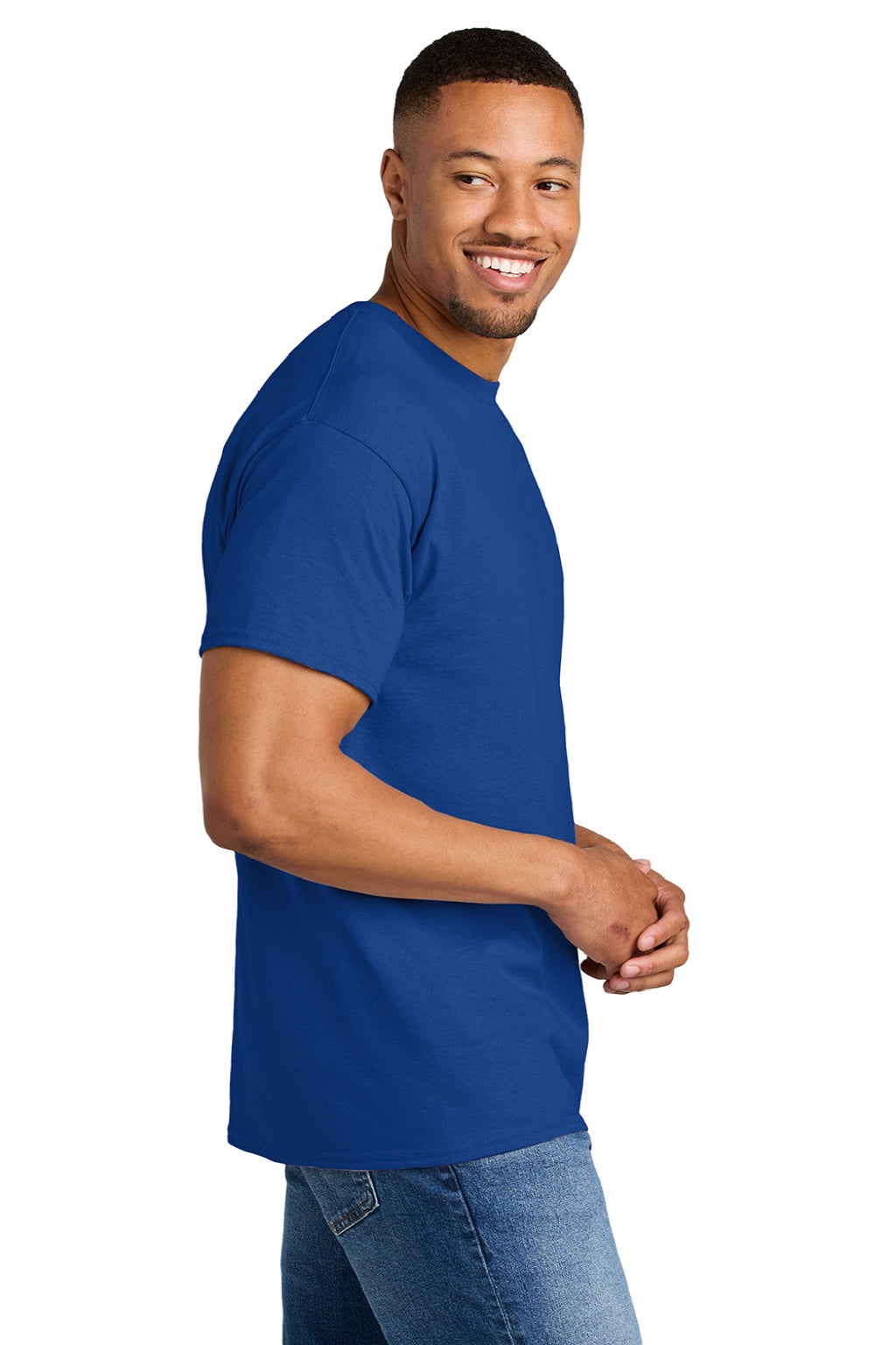 Gildan 8000 Mens DryBlend Moisture Wicking Short Sleeve Crewneck T-Shirt Sport Royal Blue Model Side