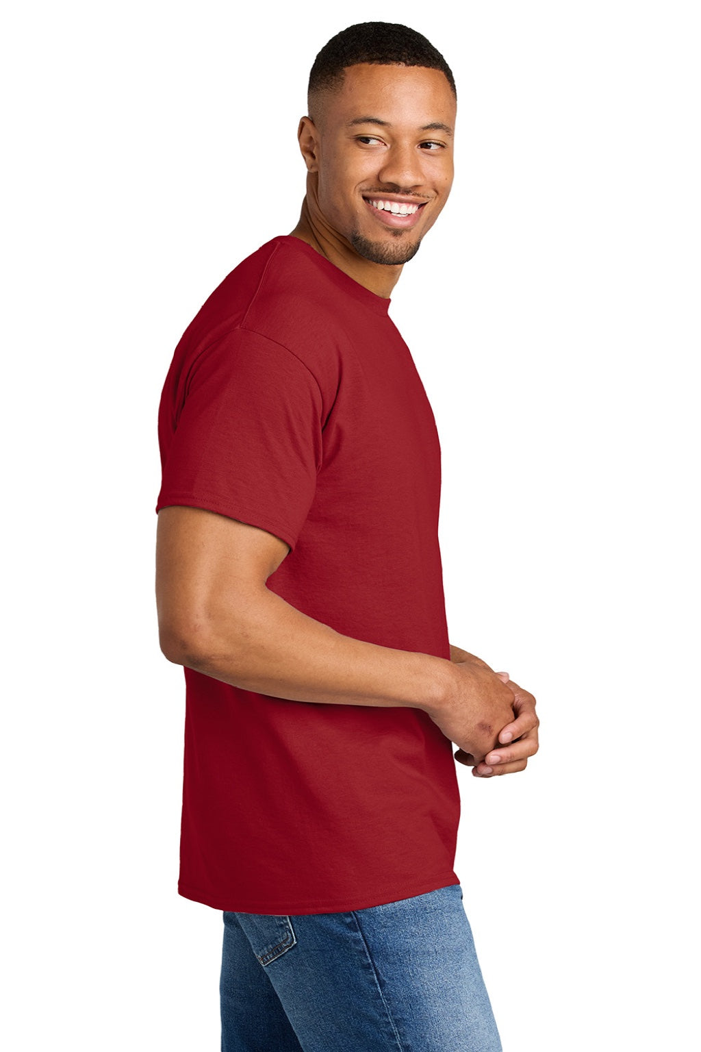 Gildan 8000 Mens DryBlend Moisture Wicking Short Sleeve Crewneck T-Shirt Sport Scarlet Red Model Side
