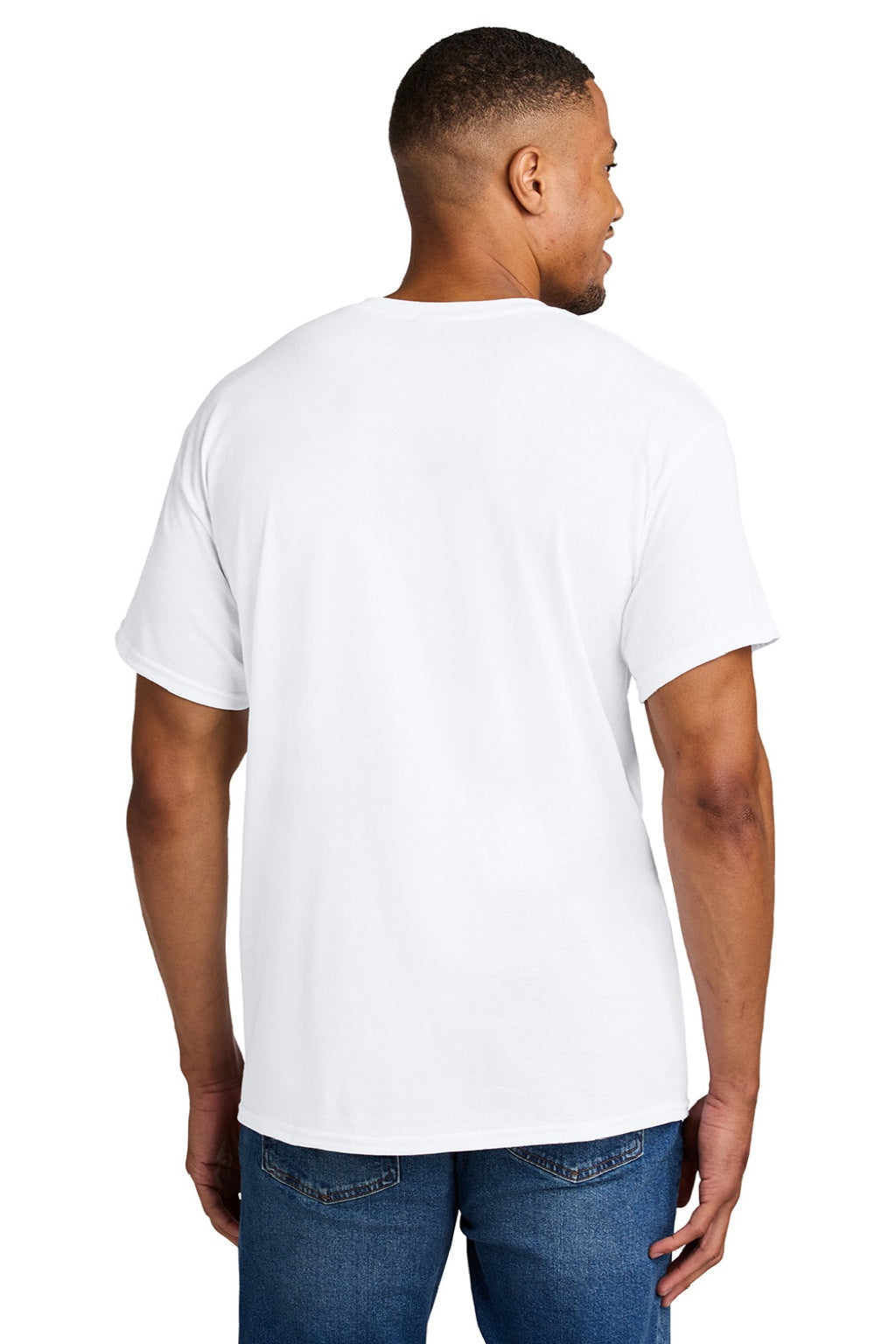 Gildan 8000 Mens DryBlend Moisture Wicking Short Sleeve Crewneck T-Shirt White Model Back