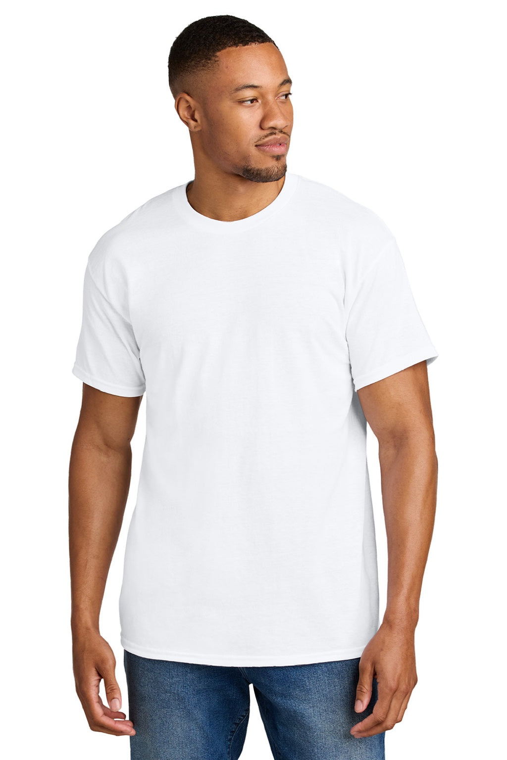 Gildan 8000 Mens DryBlend Moisture Wicking Short Sleeve Crewneck T-Shirt White Model Front