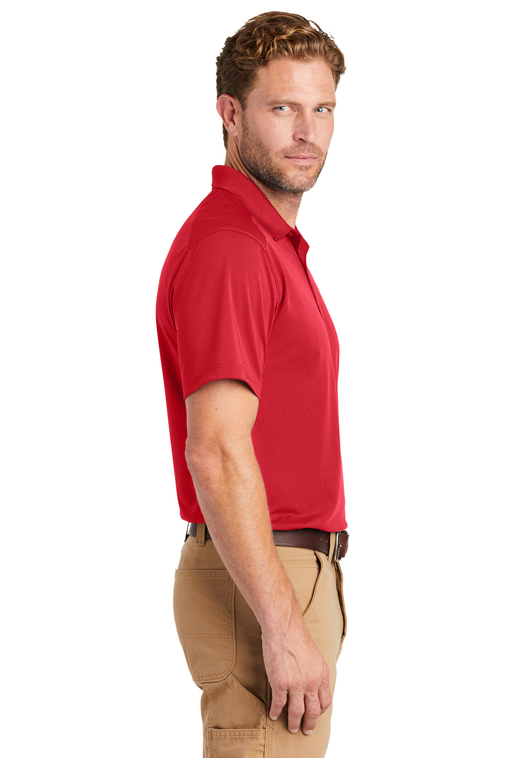 CornerStone CS418/TLCS418 Mens Select Moisture Wicking Short Sleeve Polo Shirt Red Model Side