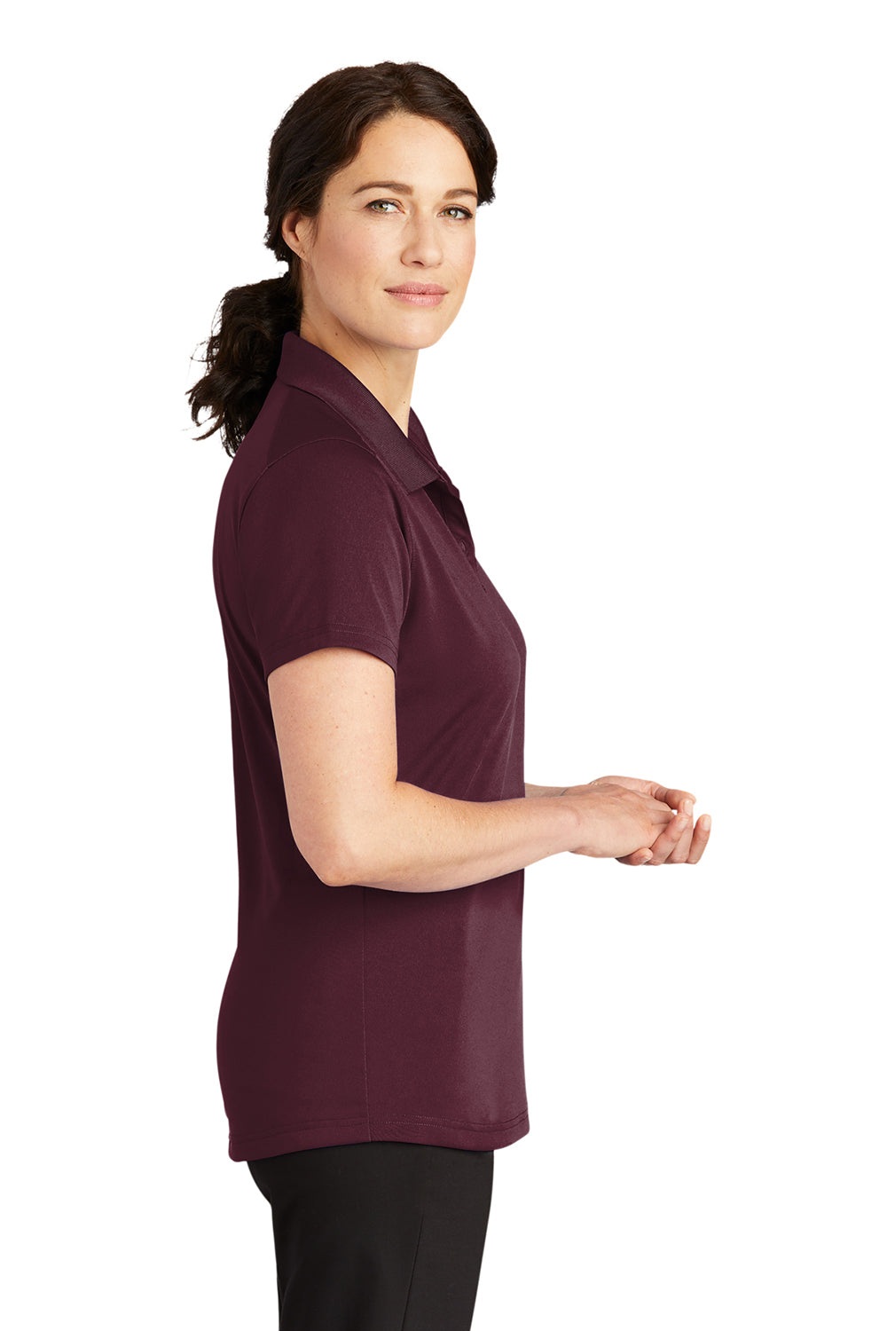 CornerStone CS419 Womens Select Moisture Wicking Short Sleeve Polo Shirt Maroon Model Side