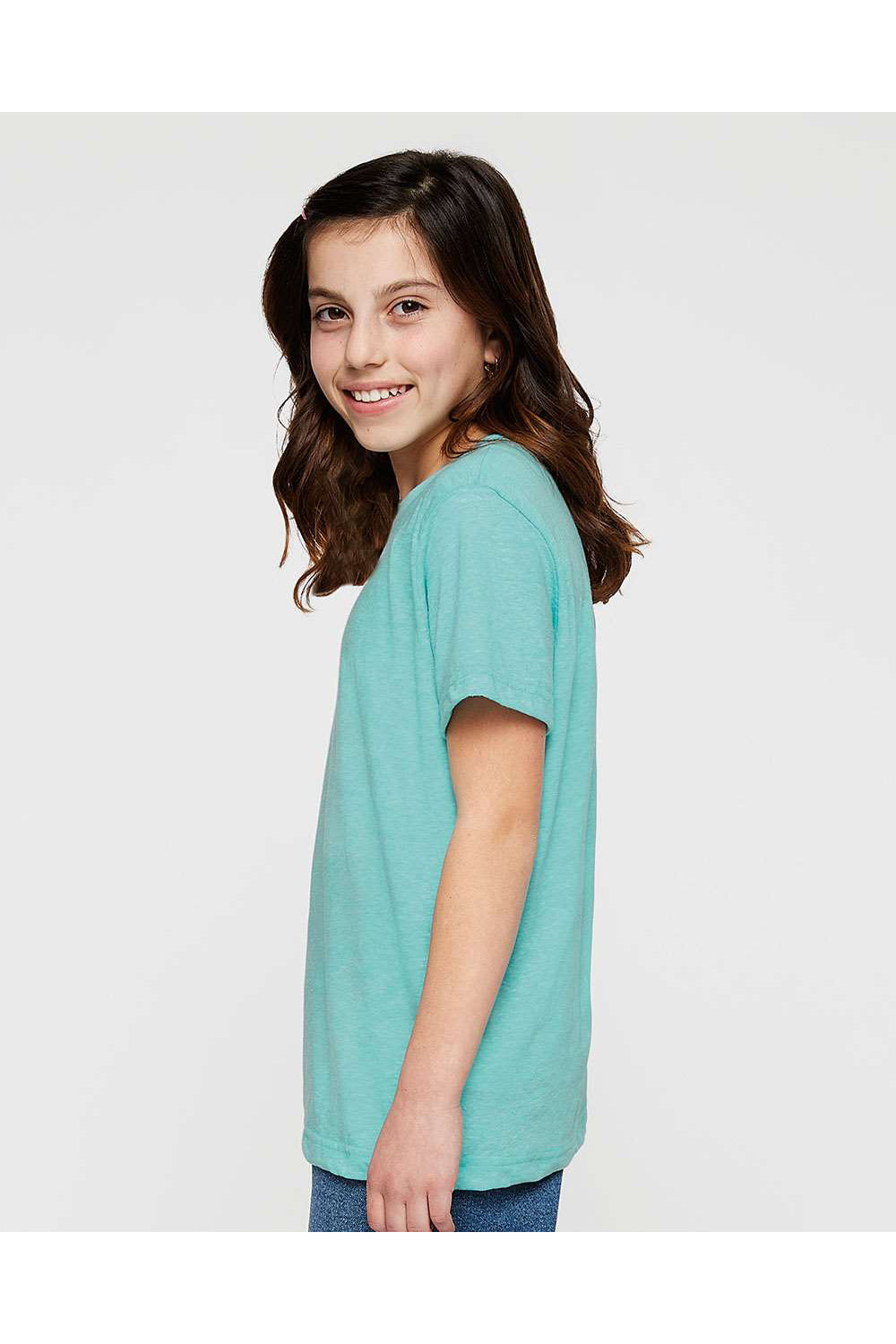 LAT 6191 Youth Harborside Melange Short Sleeve Crewneck T-Shirt Caribbean Blue Model Side
