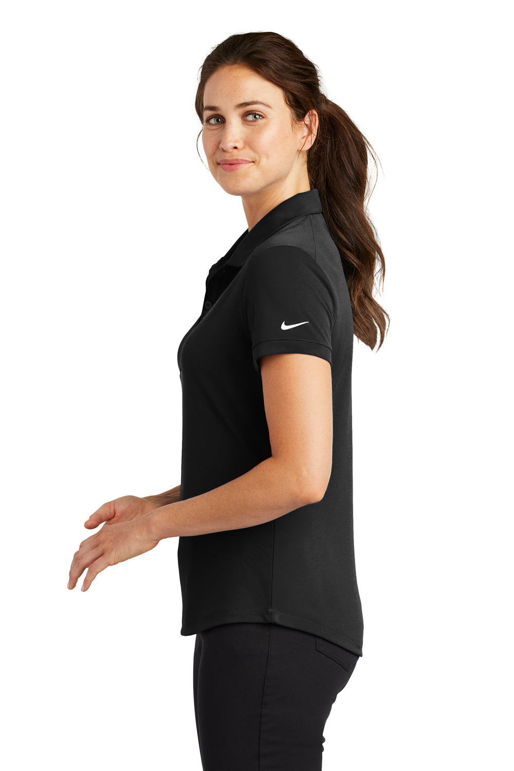 Nike 811807 Womens Players Dri-Fit Moisture Wicking Short Sleeve Polo Shirt Black Model Side