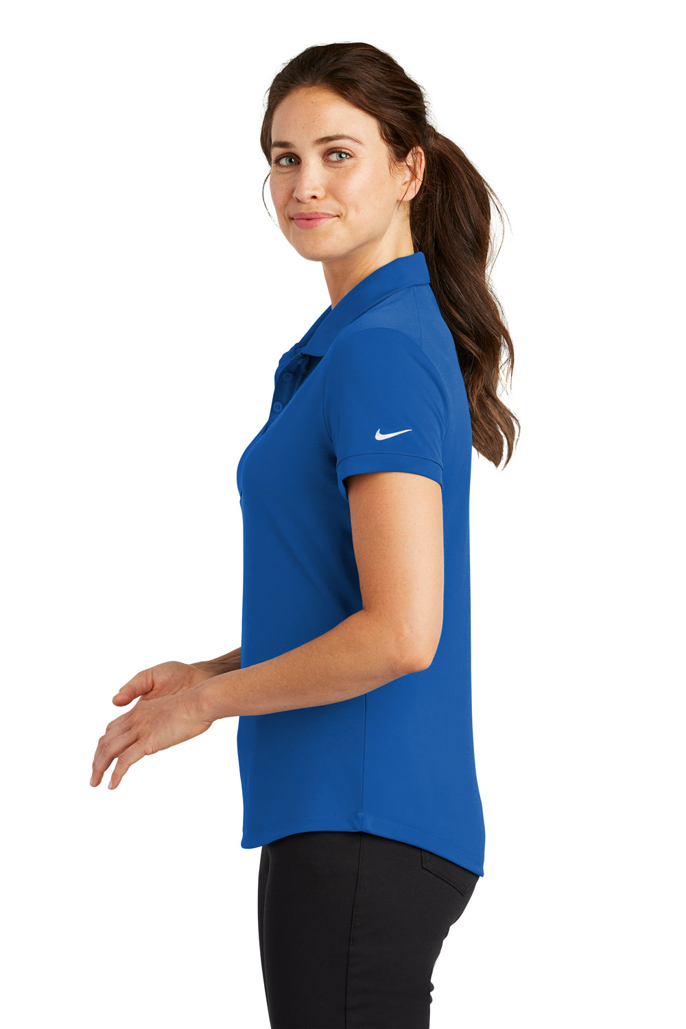 Nike 811807 Womens Players Dri-Fit Moisture Wicking Short Sleeve Polo Shirt Gym Blue Model Side