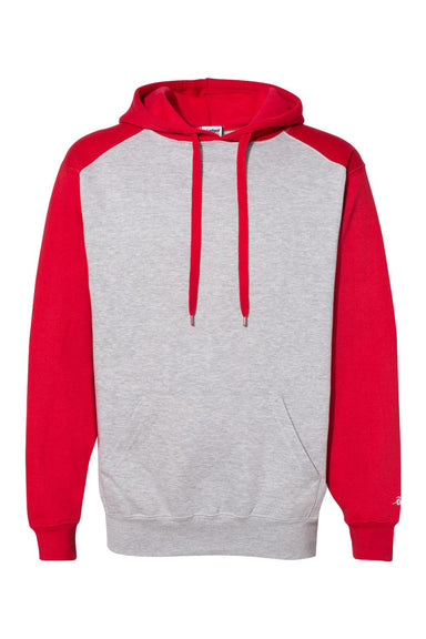 Badger 1249 Mens Athletic Fleece Hooded Sweatshirt Hoodie Oxford Grey/Red Flat Front
