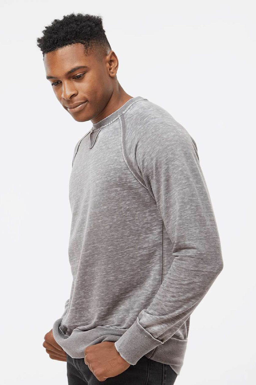 J America 8920 Mens Vintage Zen Fleece Crewneck Sweatshirt Cement Grey Model Side