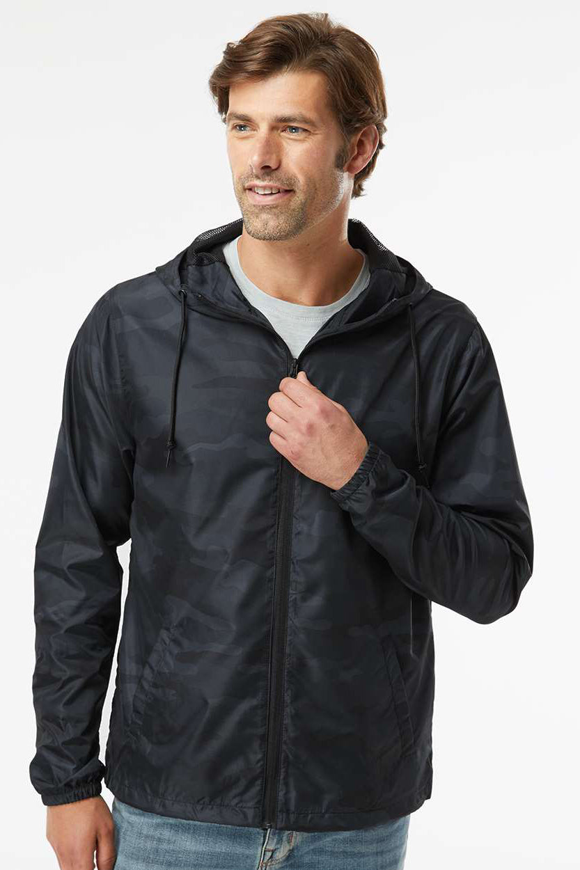 Independent Trading Company EXP54LWZ Mens Water Resistant Full Zip Windbreaker Hooded Jacket Black Camo Model Front