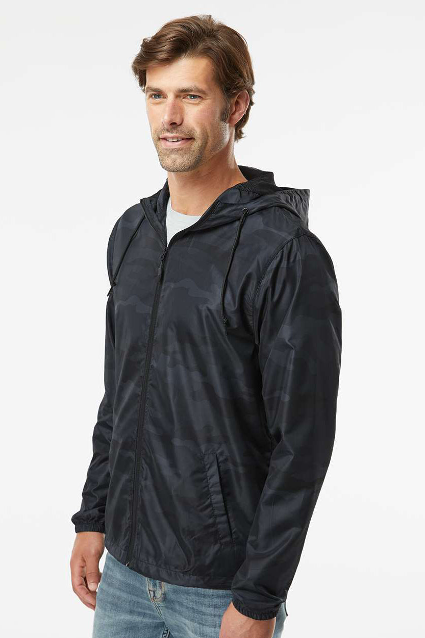 Independent Trading Company EXP54LWZ Mens Water Resistant Full Zip Windbreaker Hooded Jacket Black Camo Model Side