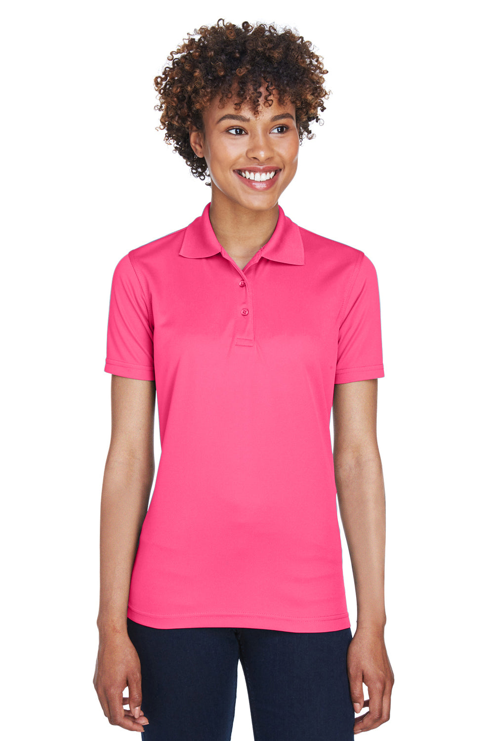 UltraClub 8210L Womens Cool & Dry Moisture Wicking Short Sleeve Polo Shirt Heliconia Pink Model Front