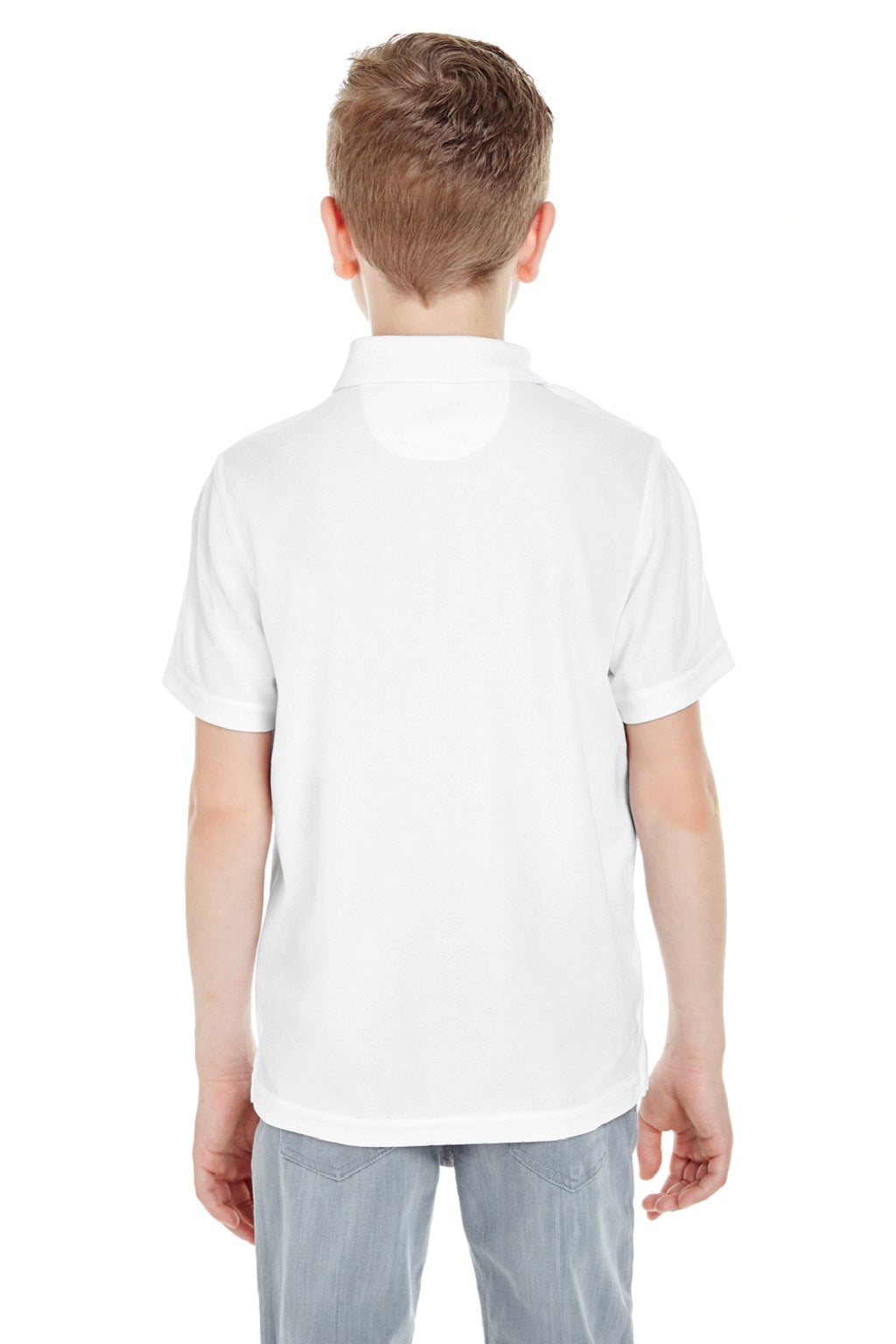 UltraClub 8210Y Youth Cool & Dry Moisture Wicking Short Sleeve Polo Shirt White Model Back