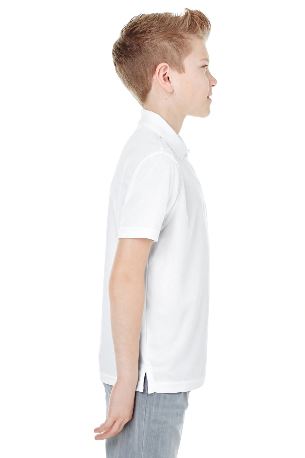 UltraClub 8210Y Youth Cool & Dry Moisture Wicking Short Sleeve Polo Shirt White Model Side