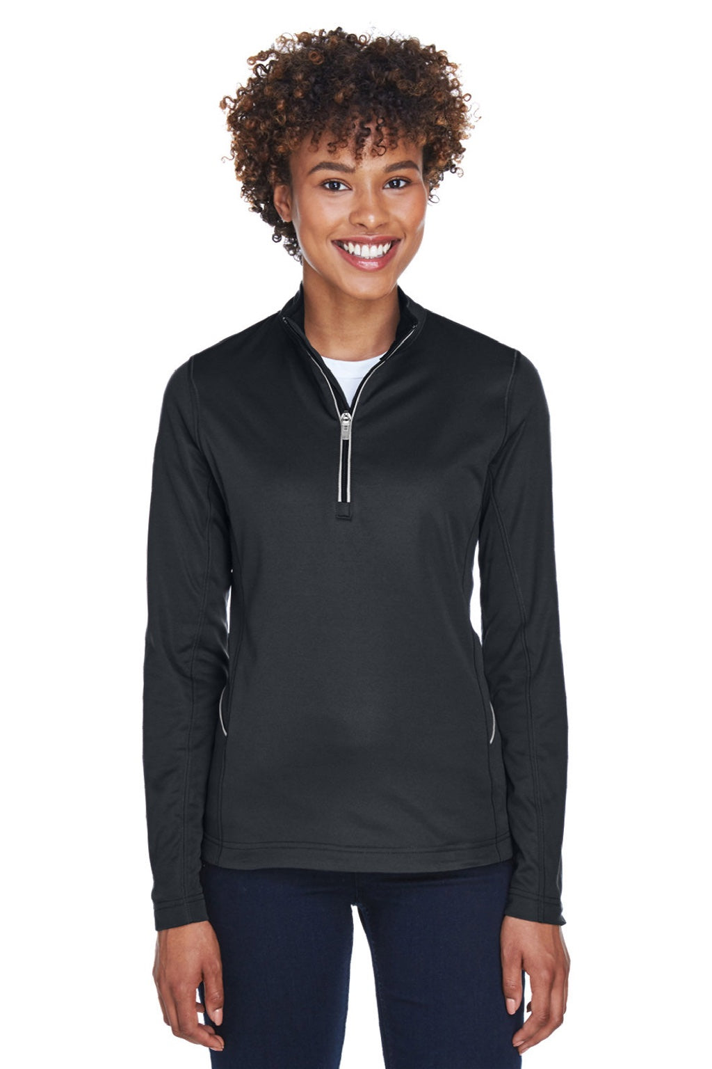 UltraClub 8230L Womens Cool & Dry Moisture Wicking 1/4 Zip Sweatshirt w/ Pocket Black Model Front