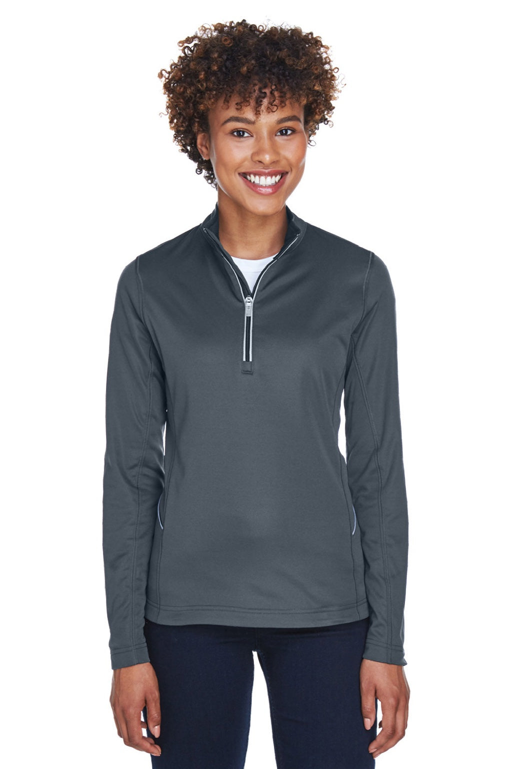 UltraClub 8230L Womens Cool & Dry Moisture Wicking 1/4 Zip Sweatshirt w/ Pocket Charcoal Grey Model Front
