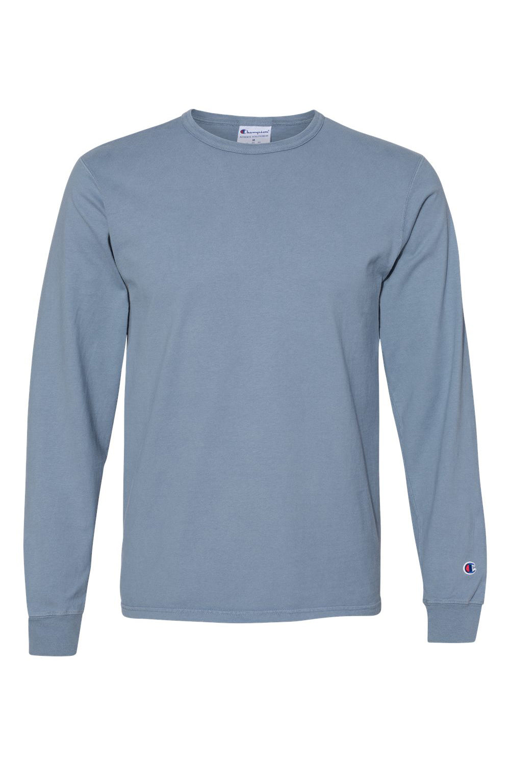 Champion CD200 Mens Garment Dyed Long Sleeve Crewneck T-Shirt Saltwater Blue Flat Front