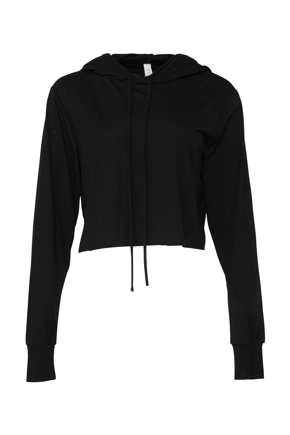 Bella + Canvas 8512 Womens Crop Long Sleeve Hooded Sweatshirt Hoodie Solid Black Flat Front
