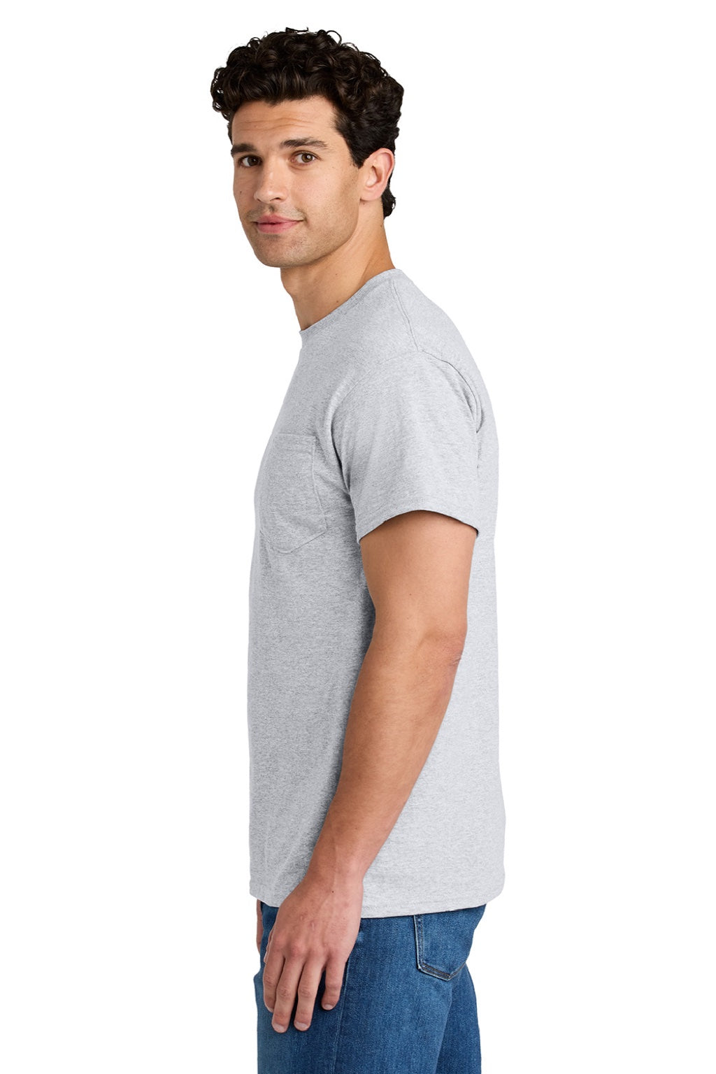 Gildan 8300 Mens DryBlend Moisture Wicking Short Sleeve Crewneck T-Shirt w/ Pocket Ash Grey Model Side