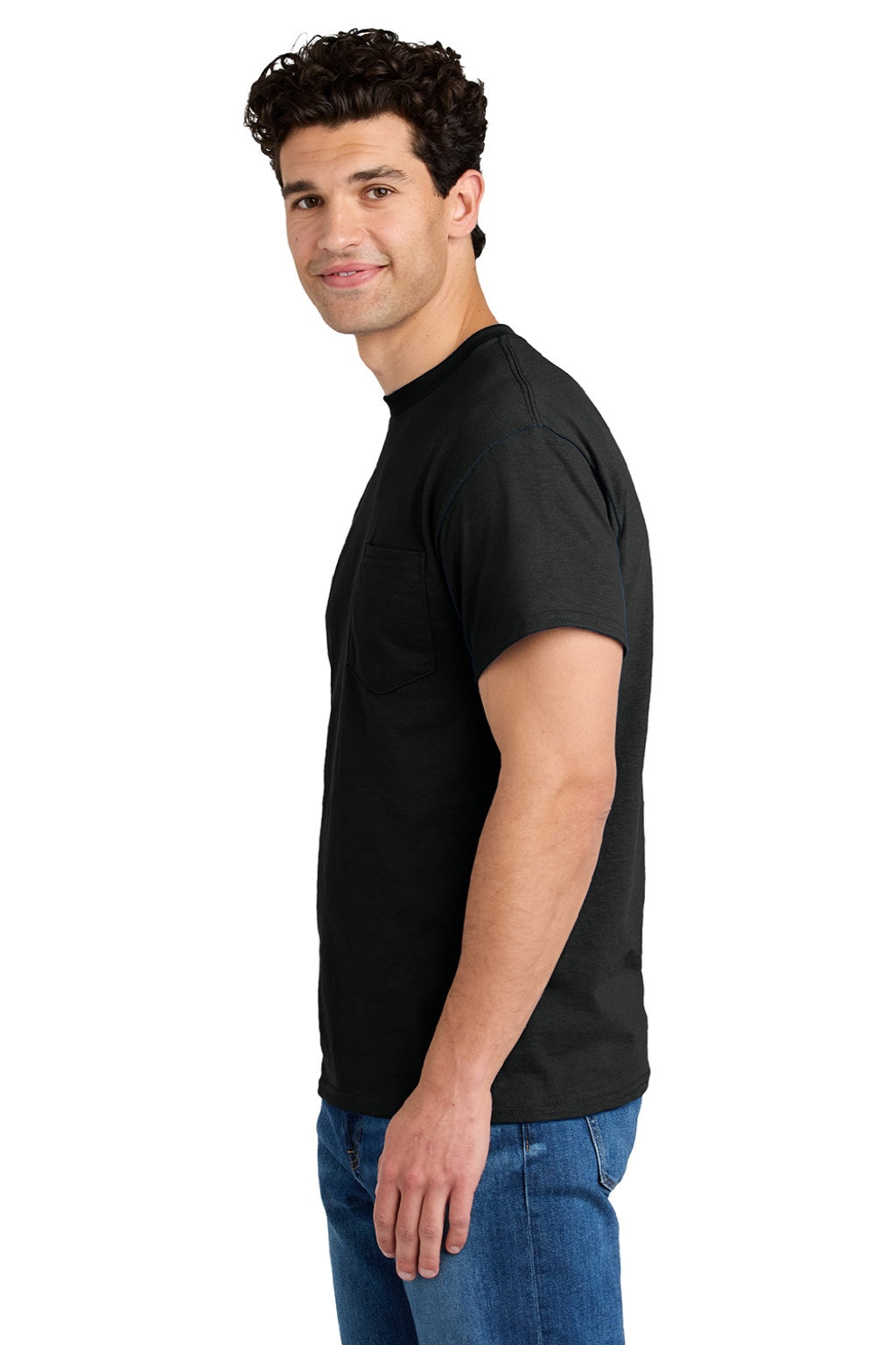 Gildan 8300 Mens DryBlend Moisture Wicking Short Sleeve Crewneck T-Shirt w/ Pocket Black Model Side