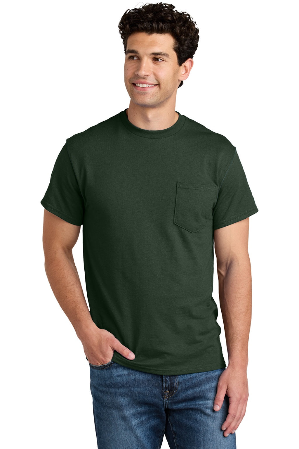 Gildan 8300 Mens DryBlend Moisture Wicking Short Sleeve Crewneck T-Shirt w/ Pocket Forest Green Model Front