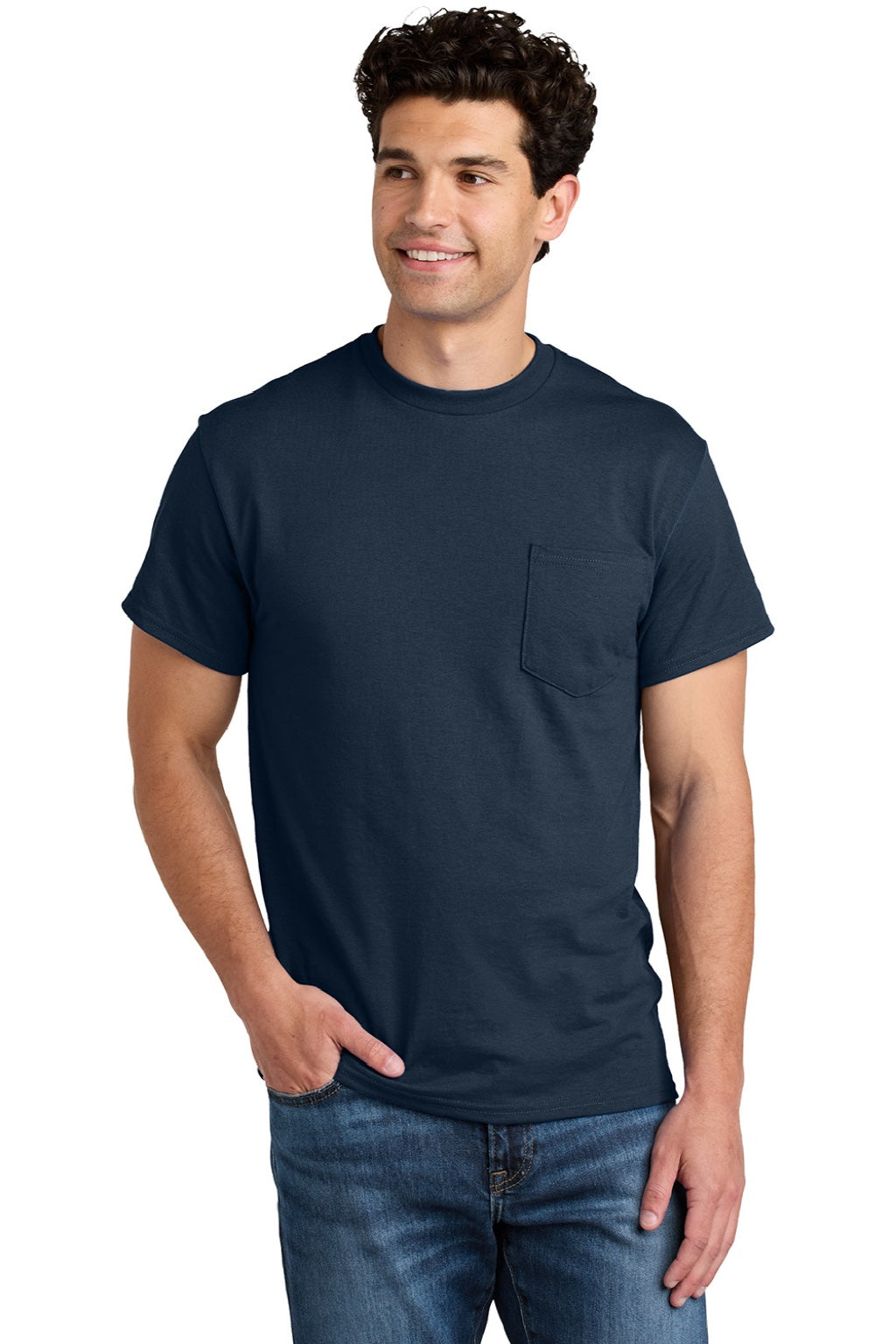 Gildan 8300 Mens DryBlend Moisture Wicking Short Sleeve Crewneck T-Shirt w/ Pocket Navy Blue Model Front
