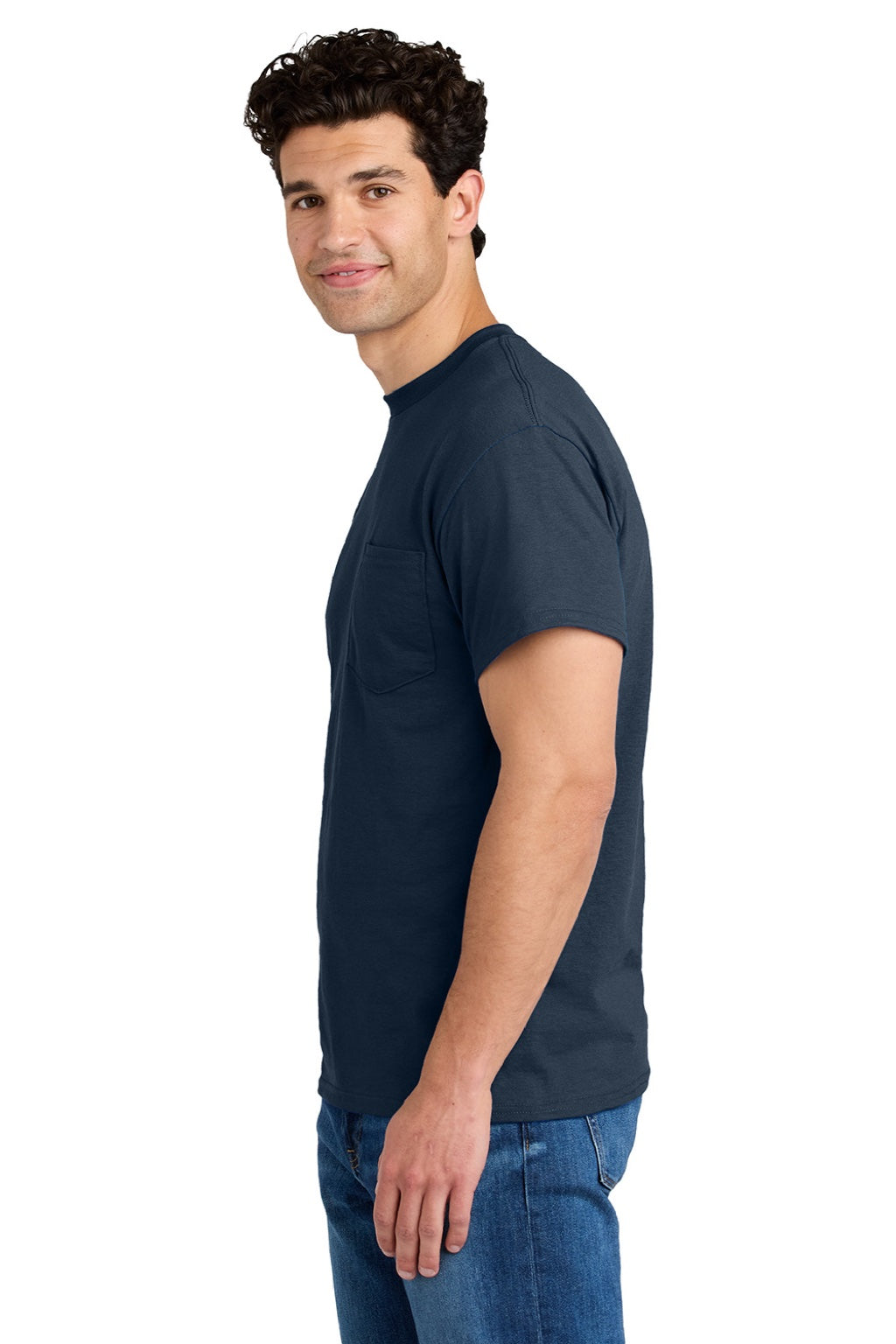 Gildan 8300 Mens DryBlend Moisture Wicking Short Sleeve Crewneck T-Shirt w/ Pocket Navy Blue Model Side