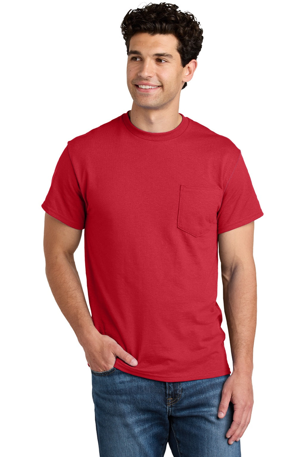 Gildan 8300 Mens DryBlend Moisture Wicking Short Sleeve Crewneck T-Shirt w/ Pocket Red Model Front
