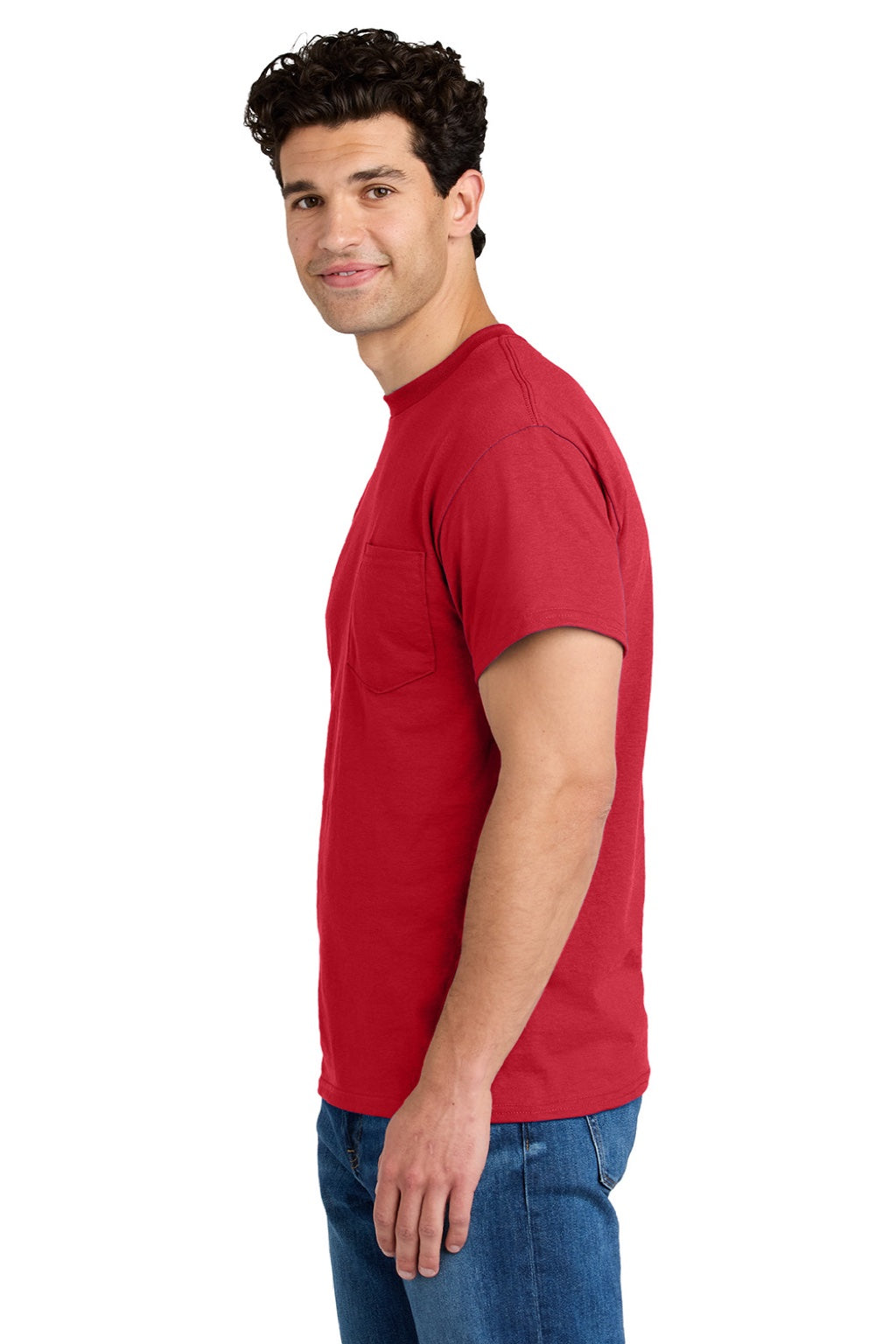 Gildan 8300 Mens DryBlend Moisture Wicking Short Sleeve Crewneck T-Shirt w/ Pocket Red Model Side