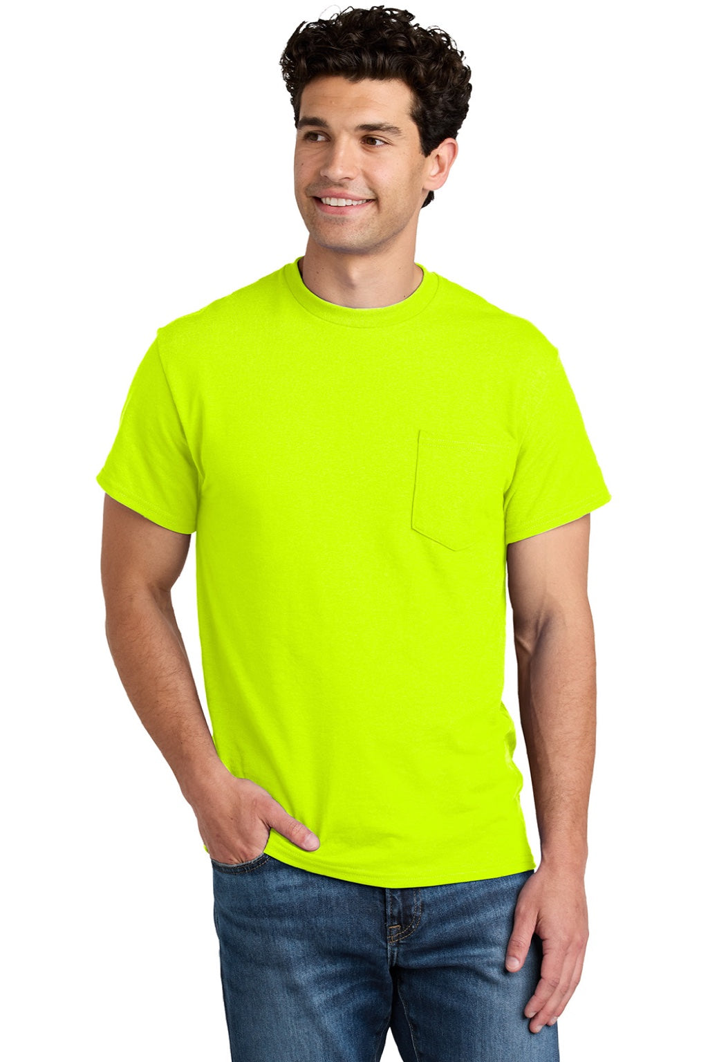 Gildan 8300 Mens DryBlend Moisture Wicking Short Sleeve Crewneck T-Shirt w/ Pocket Safety Green Model Front