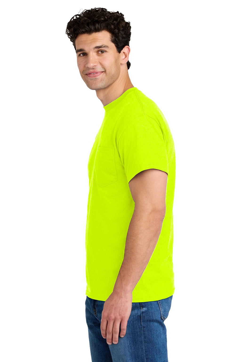 Gildan 8300 Mens DryBlend Moisture Wicking Short Sleeve Crewneck T-Shirt w/ Pocket Safety Green Model Side